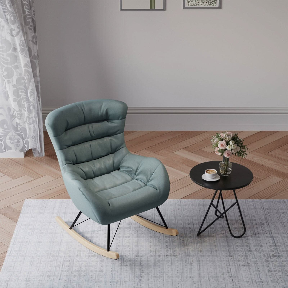96cm Height Cyan Nordic Wooden Rocking Chair for Living Room Bedroom