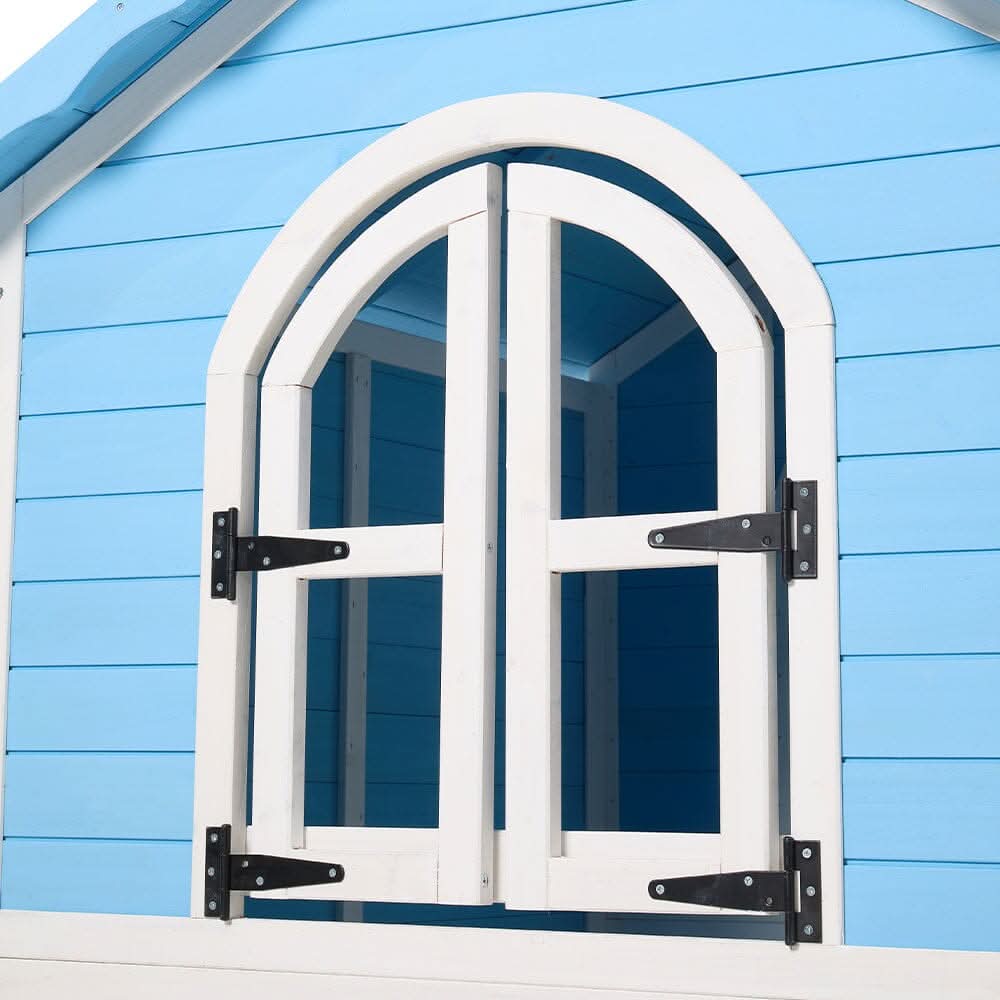 Blue Wooden Playhouse for Kids with Doors & Windows – Polished Fir Wood, Easy Assembly