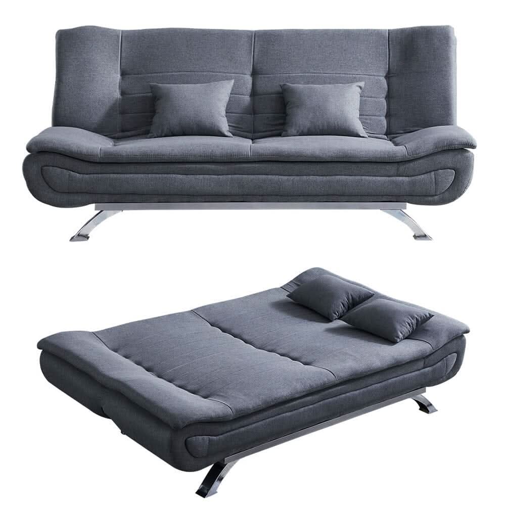 3-Seater Linen Convertible Sofa Bed with 2 Pillows in Grey