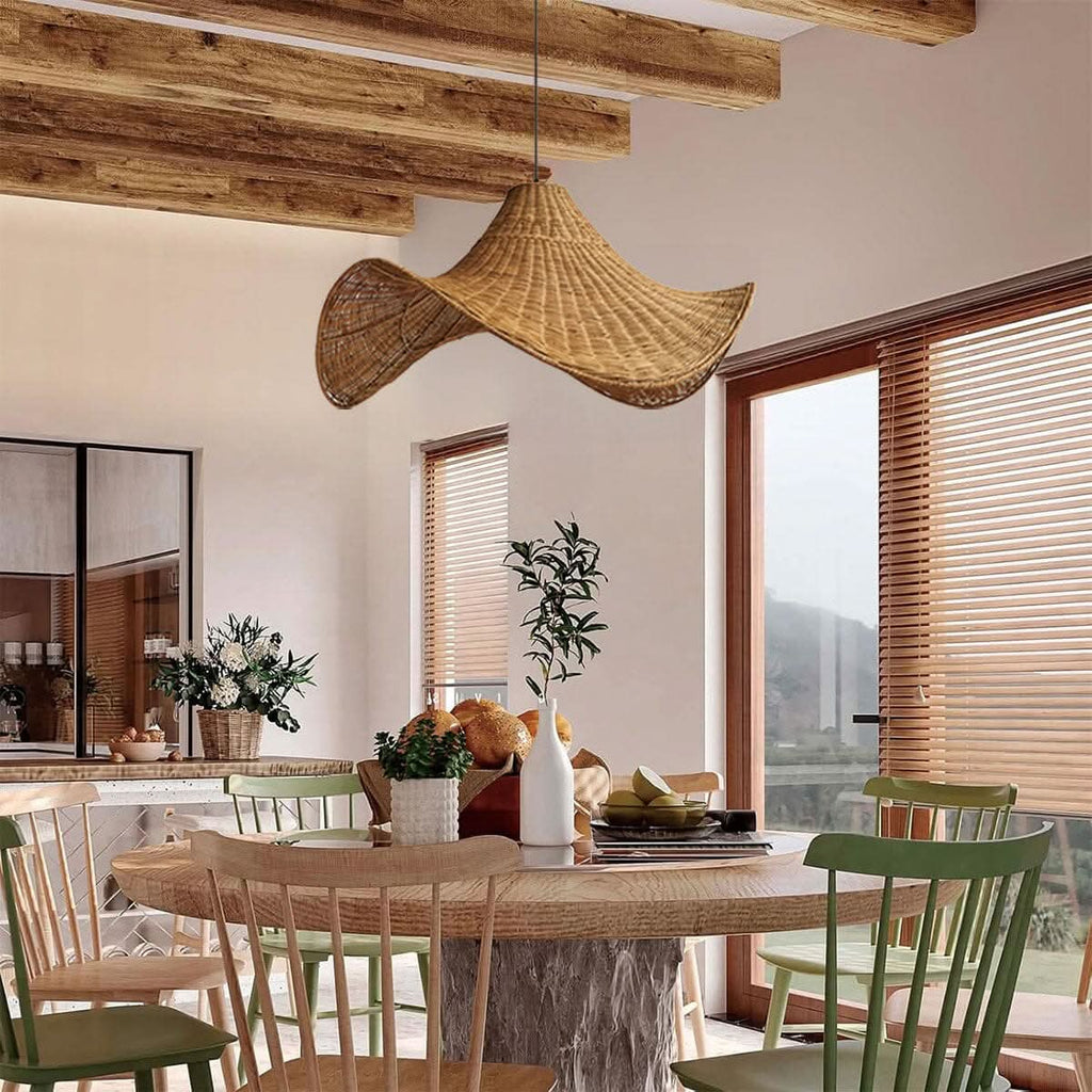 Lightsin Handwoven Rattan Pendant Light Natural & White Hat-Shaped Ceiling Light