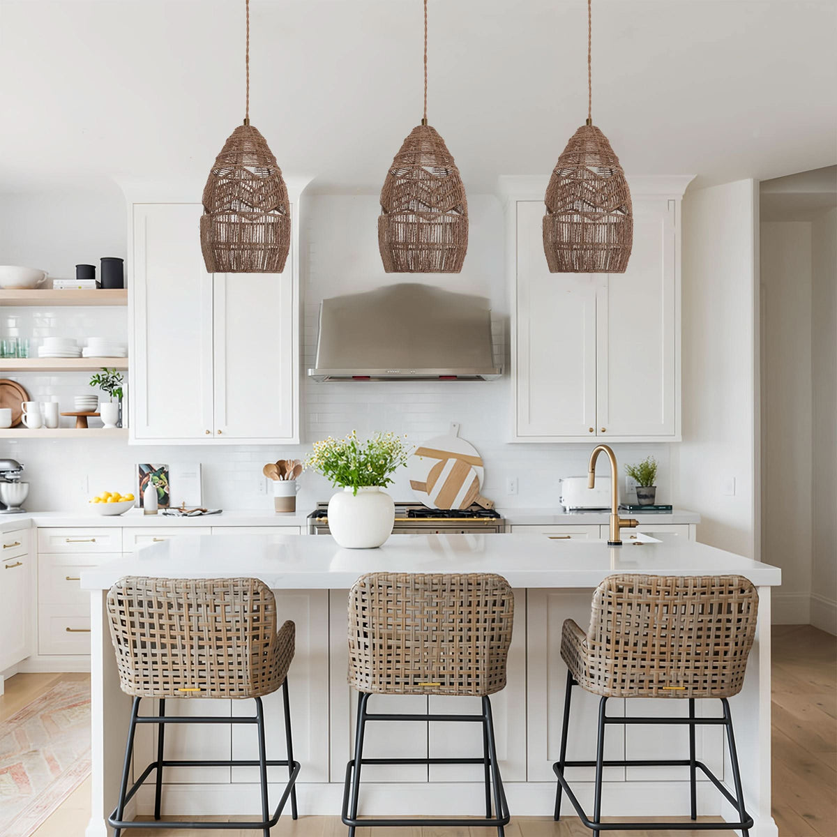 Lightsin Handwoven Rattan Bell Pendant Light for Dining Room Decor