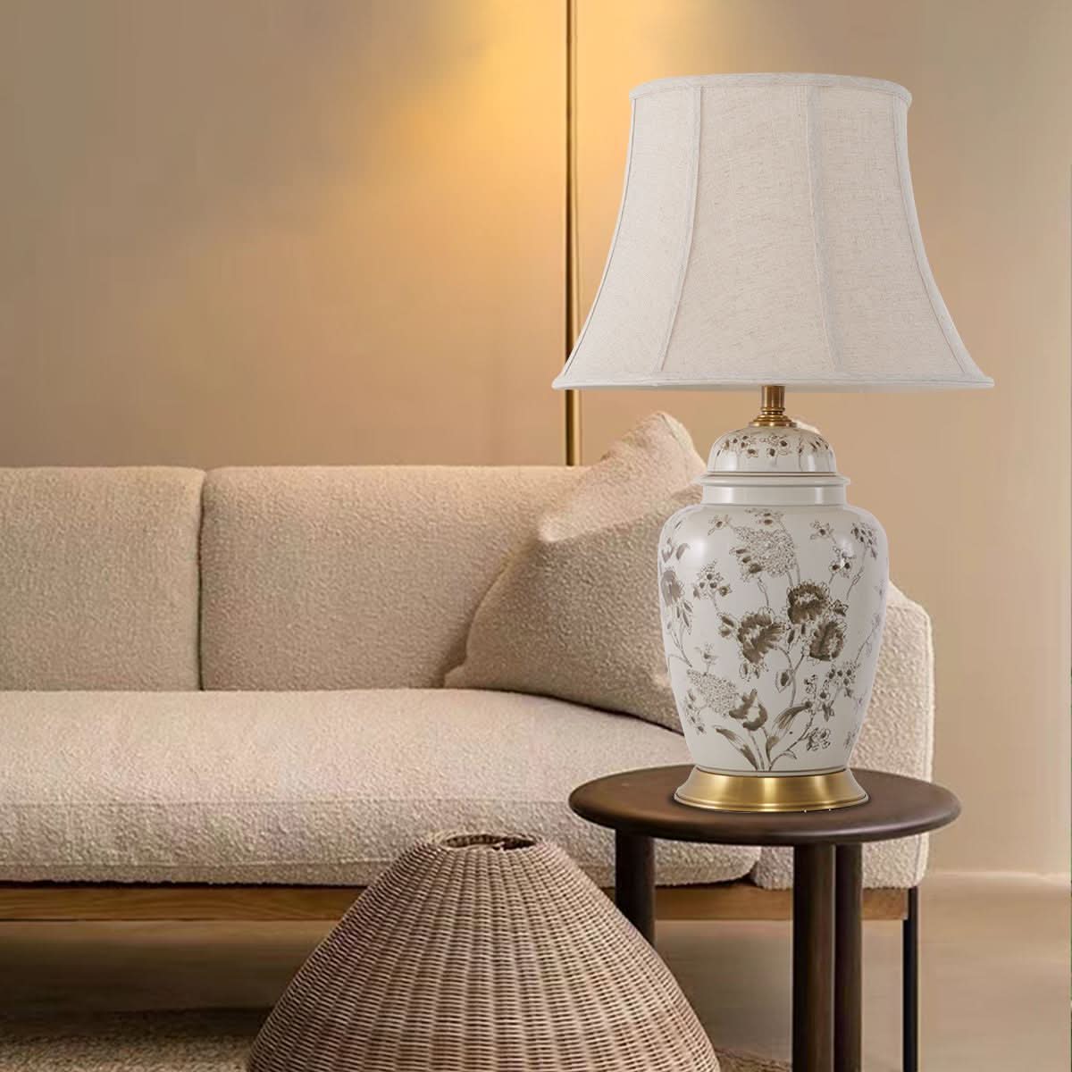 Lightsin Table Lamp Ceramic and Copper Chrysanthemum Design with Fabric Shade