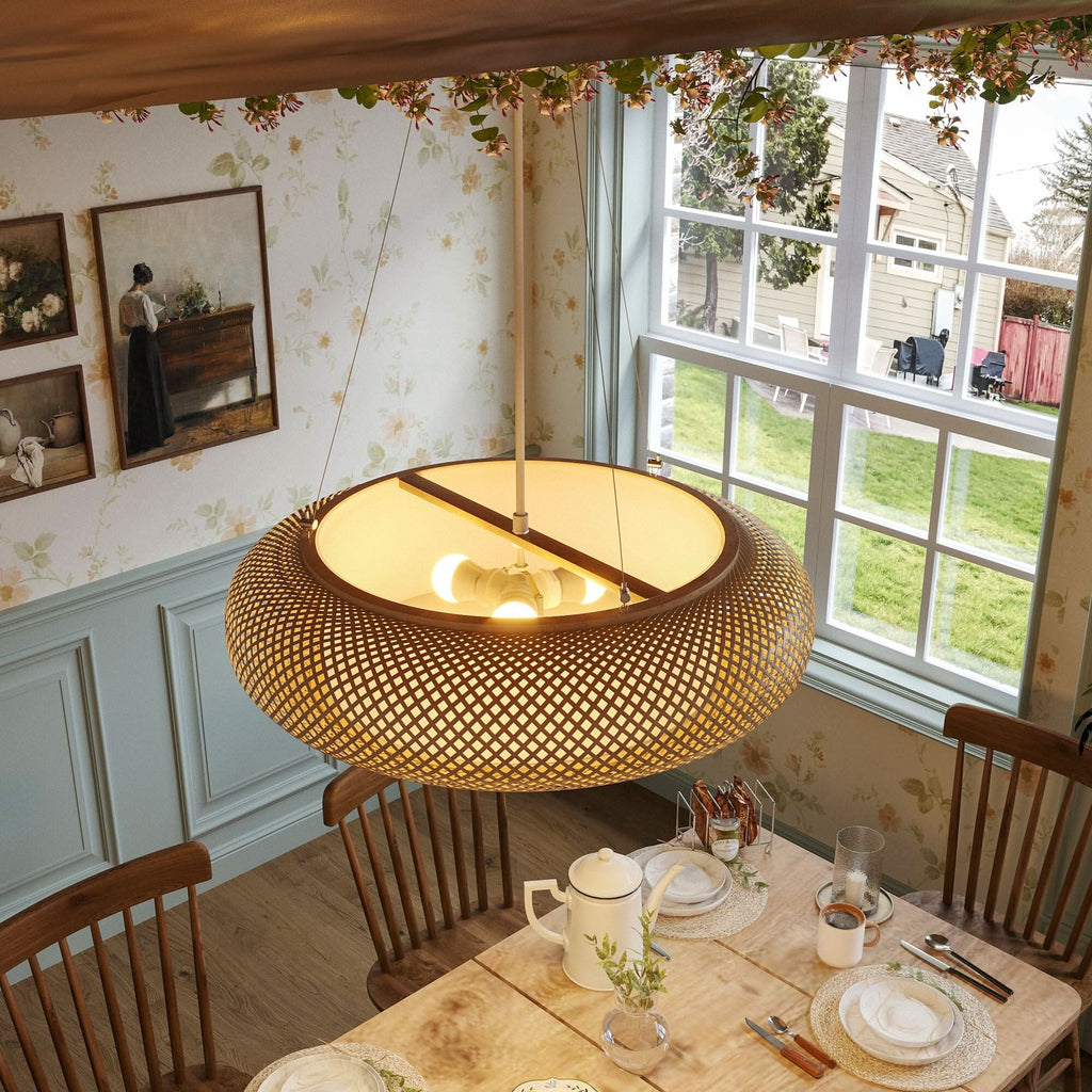 Lightsin Lutta-Japanese-Style Bamboo Rattan Pendant & Ceiling Light – Flat Flush Mount or Hanging Fixture for Bedroom, Living Room & More