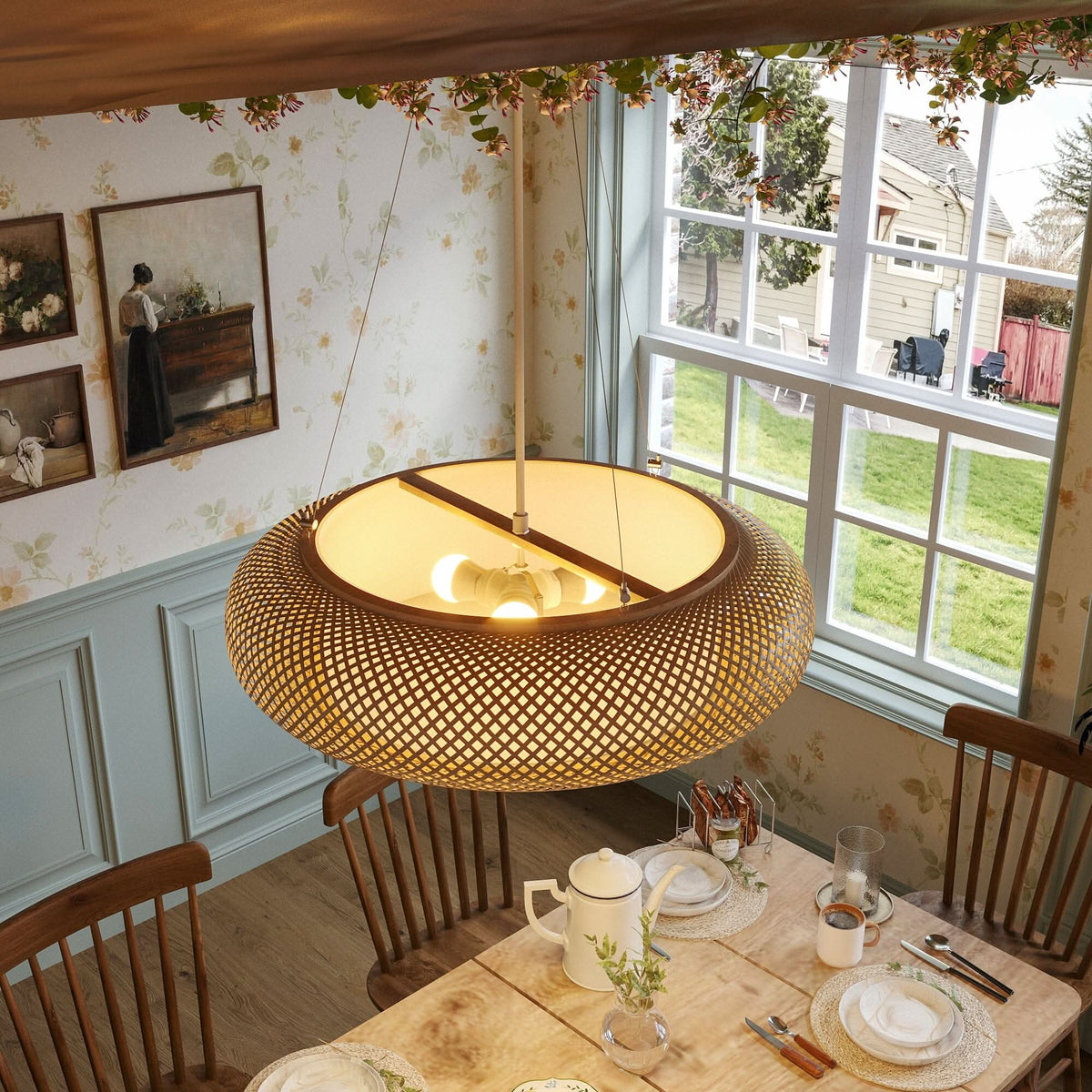 Lightsin Lutta-Japanese-Style Bamboo Rattan Pendant & Ceiling Light – Flat Flush Mount or Hanging Fixture for Bedroom, Living Room & More