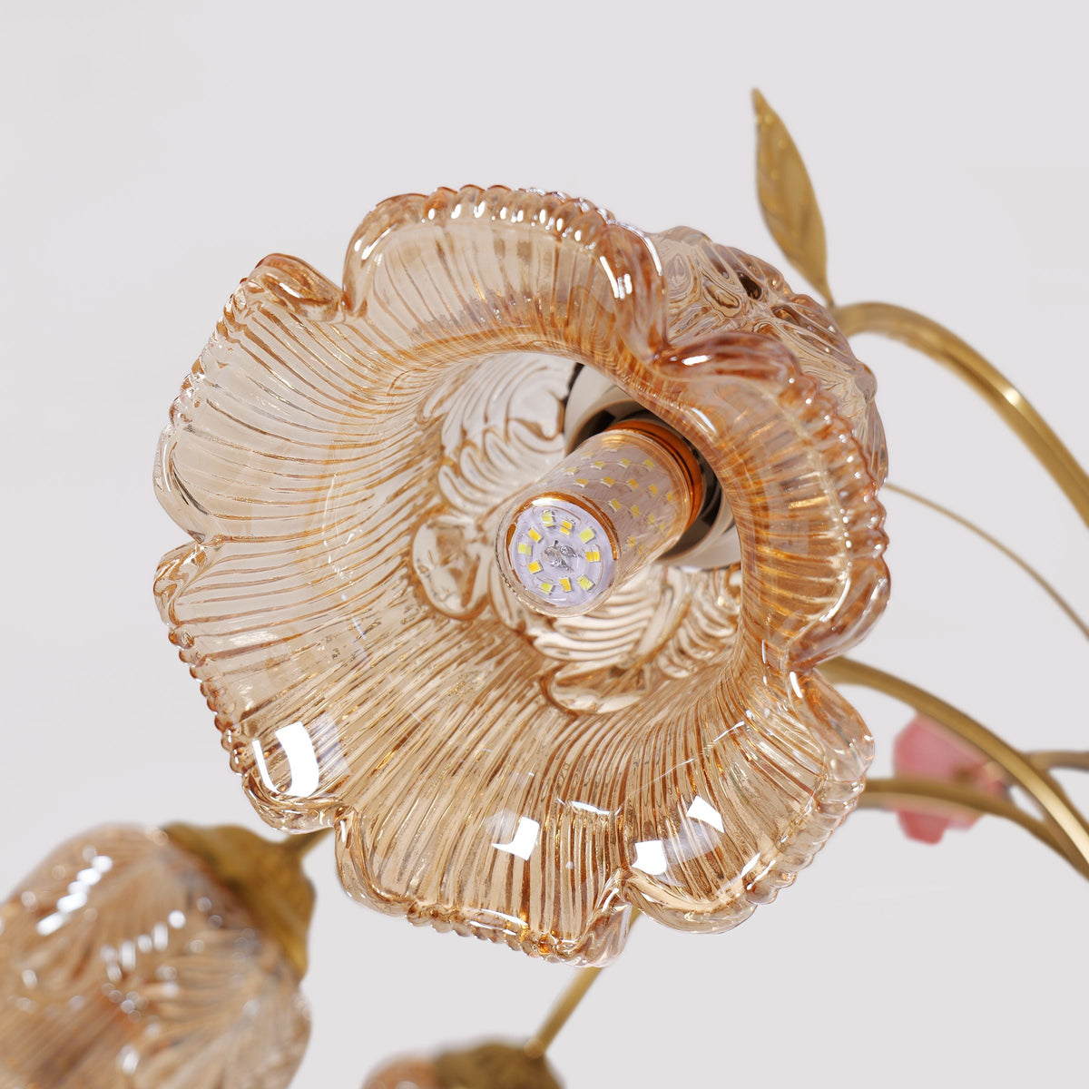 8-Light Gold Vintage Pink Floral Glass Chandelier | E27 Ceiling Lamp