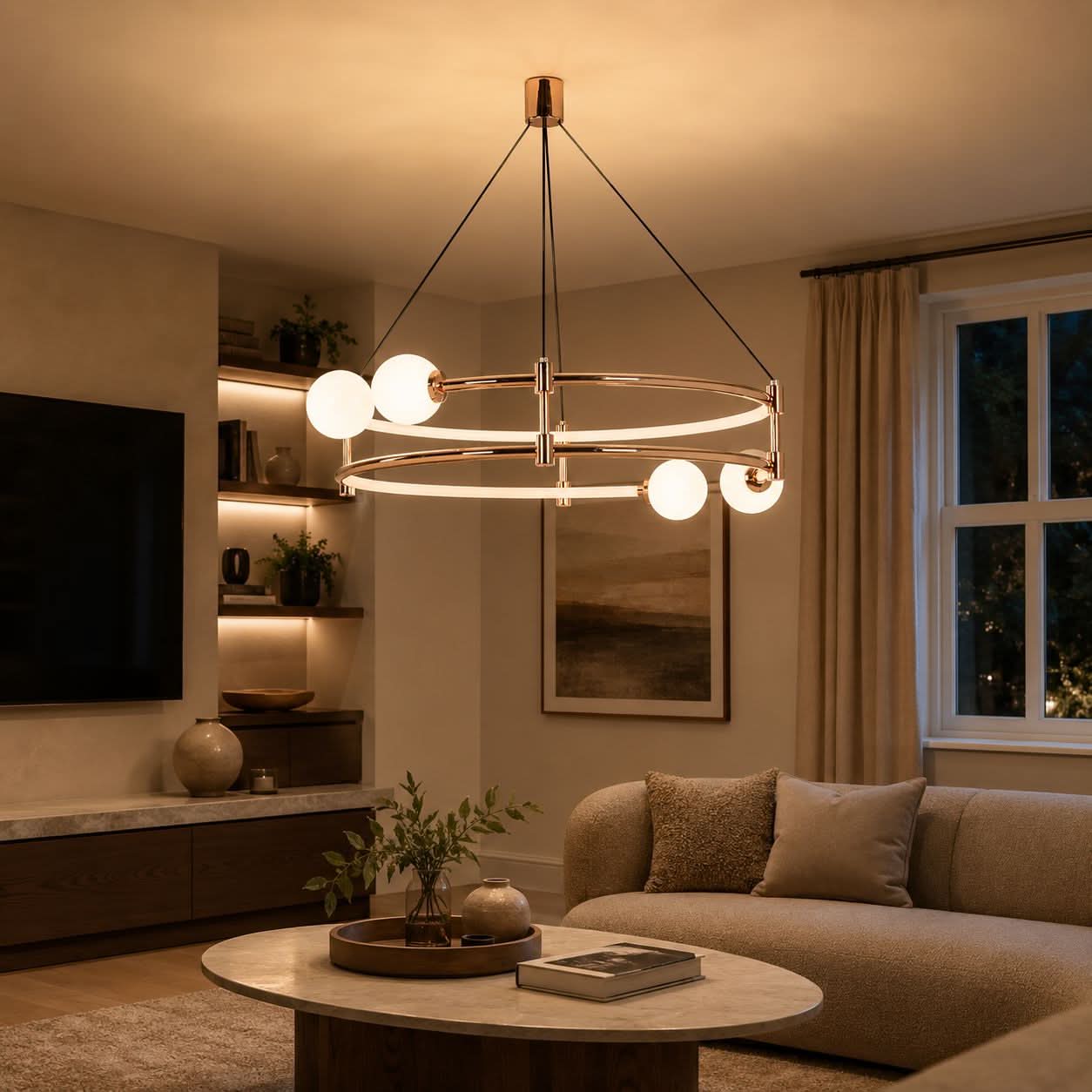 Lightsin Elegant Gold Double-Ring Halo Chandelier with Tri-Color LED Lighting