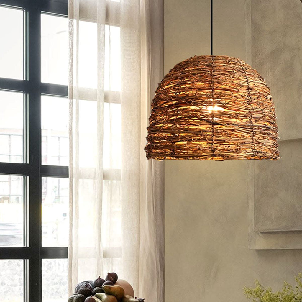 Lightsin Rustic Woven Rattan Dome Pendant Light for Cozy Interiors