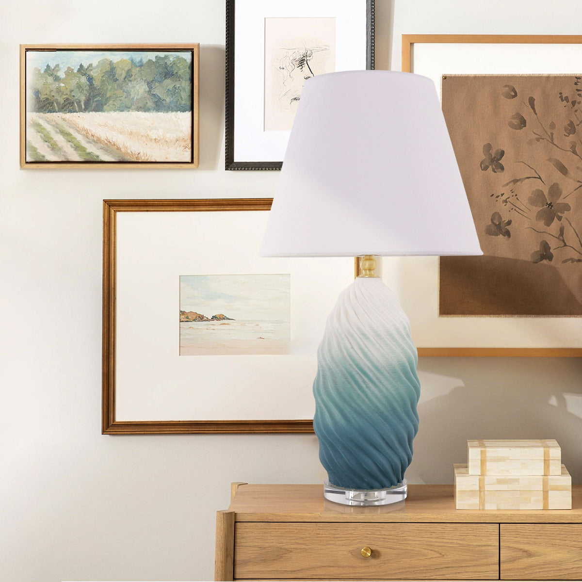 Lightsin 3D Green White Gradient Threaded Ceramic Table Lamp with Fabric Shade