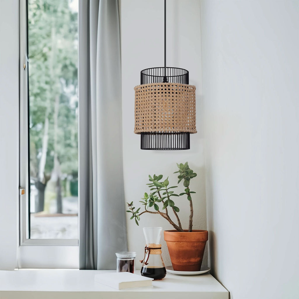 Glyph-Lightsin Elegant Black Frame with Handwoven Rattan Pendant Light