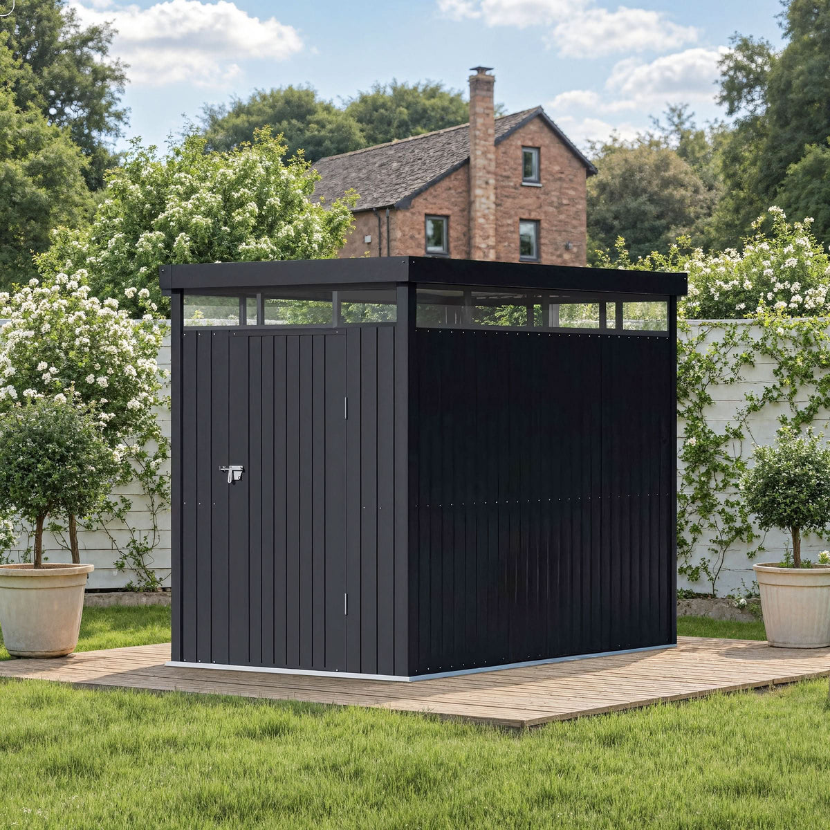 2x2.6x2m/1.6x2.6x2m/2.6x3x2m/4x3x2m Charcoal Black Galvanized Steel Storage Shed with Double/Single Lockable Doors