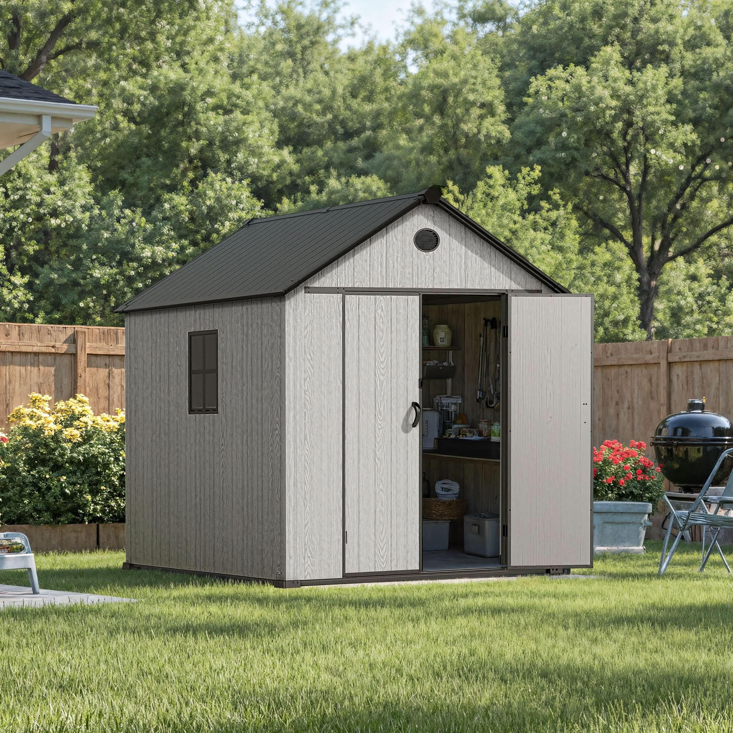 6'x8'ft/8'x8'ft/8'x12'ft/8'x16'ft Gray Wood Grain Plastic Tool Shed