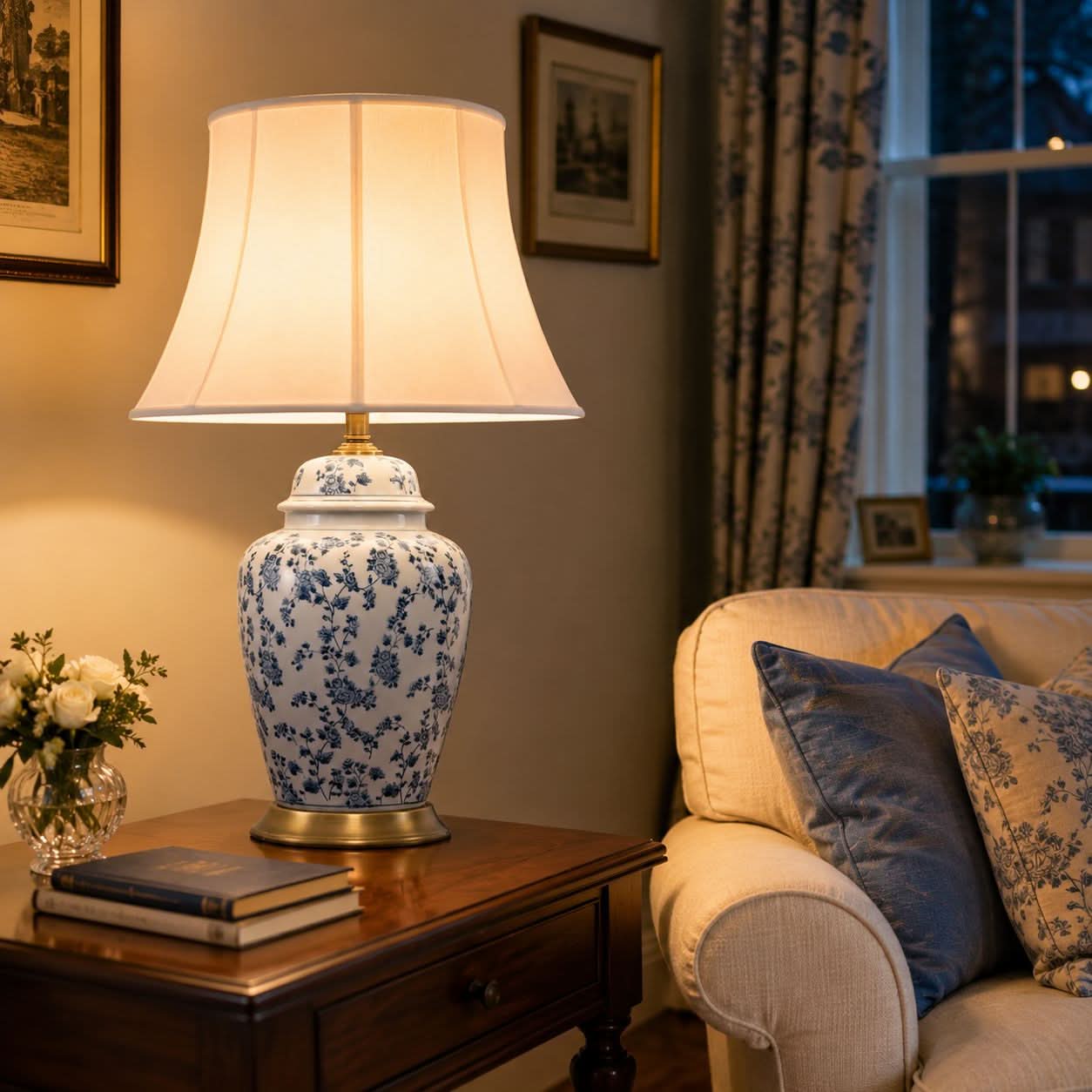 Lightsin Blue Floral Ceramic Table Lamp with Fabric Shade and Brass Base