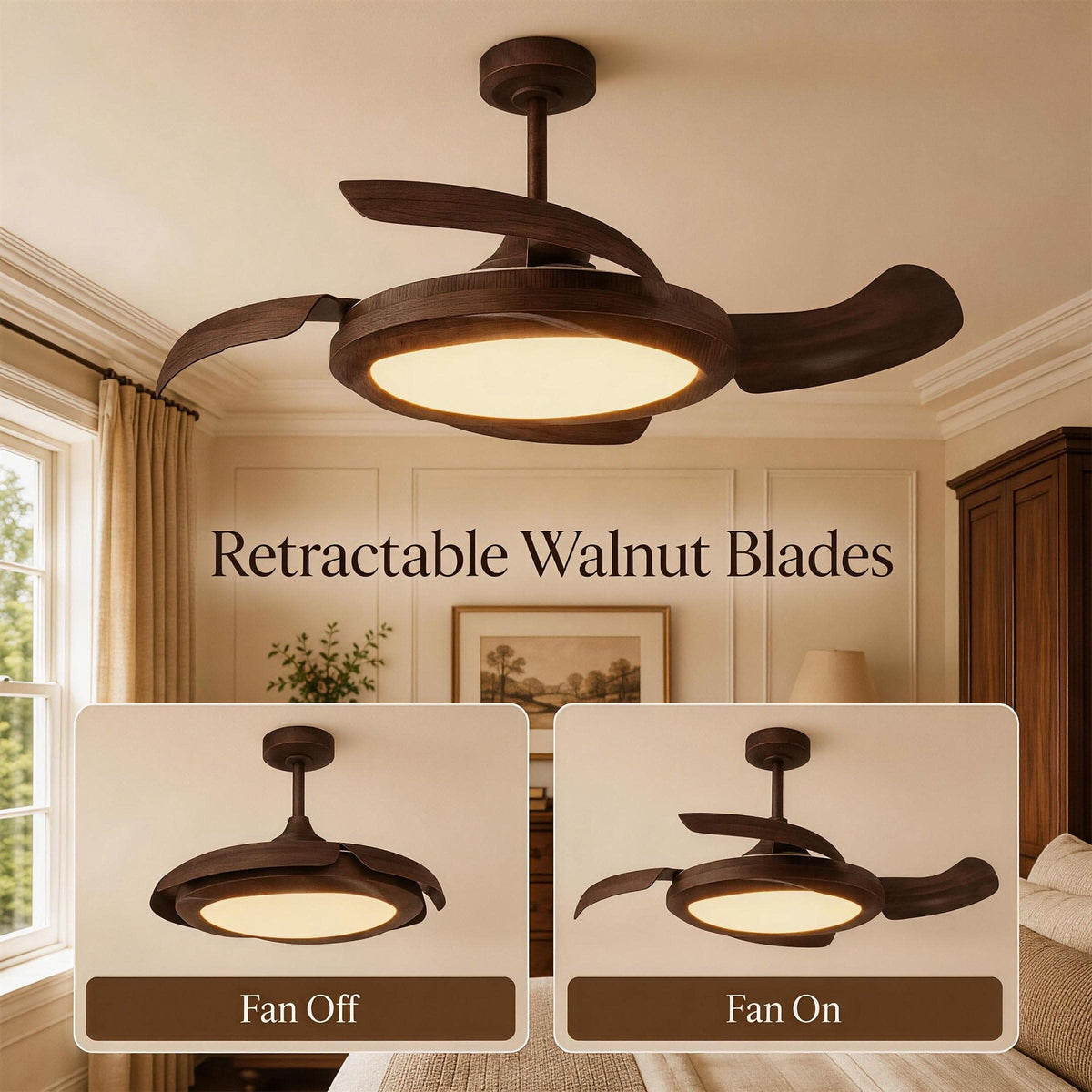 Lightsin Walnut Effect LED Ceiling Fan Light with Remote for Living Room & Bedroom