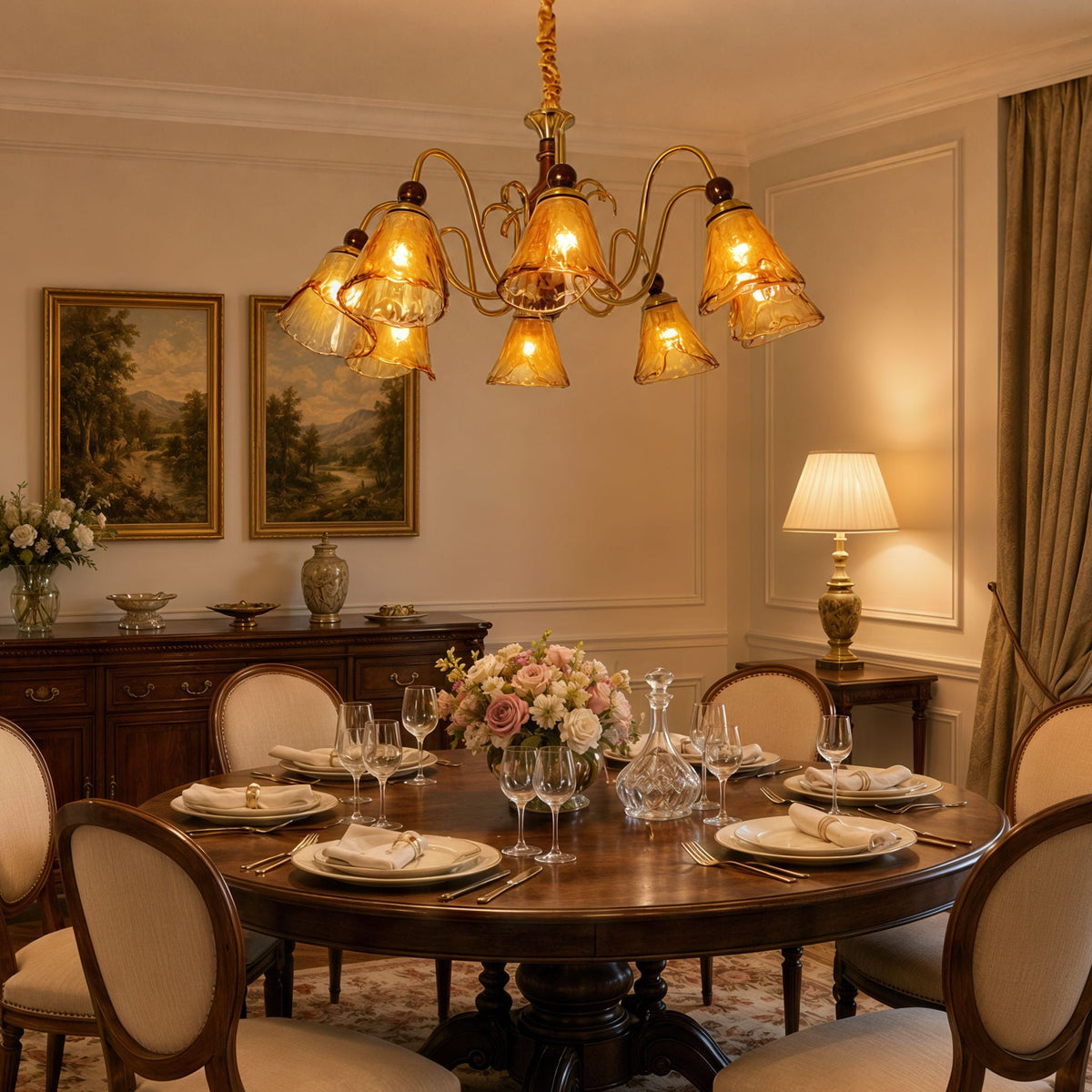 8-Light Walnut Vintage Cut Glass Chandelier | Wood and Iron Ceiling Lamp