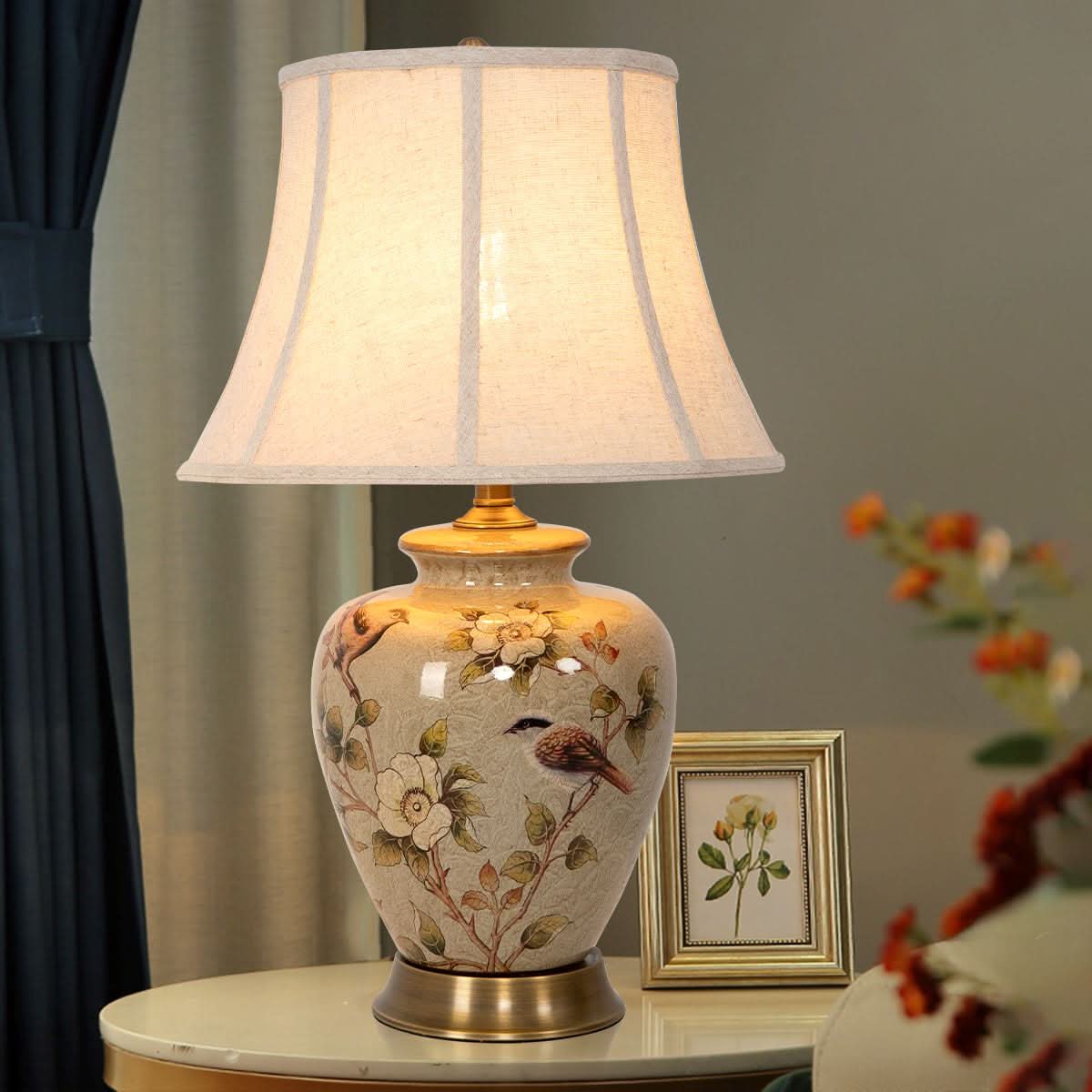 Lightsin Vintage Ceramic Bird-Pattern Table Lamp with Fabric Shade