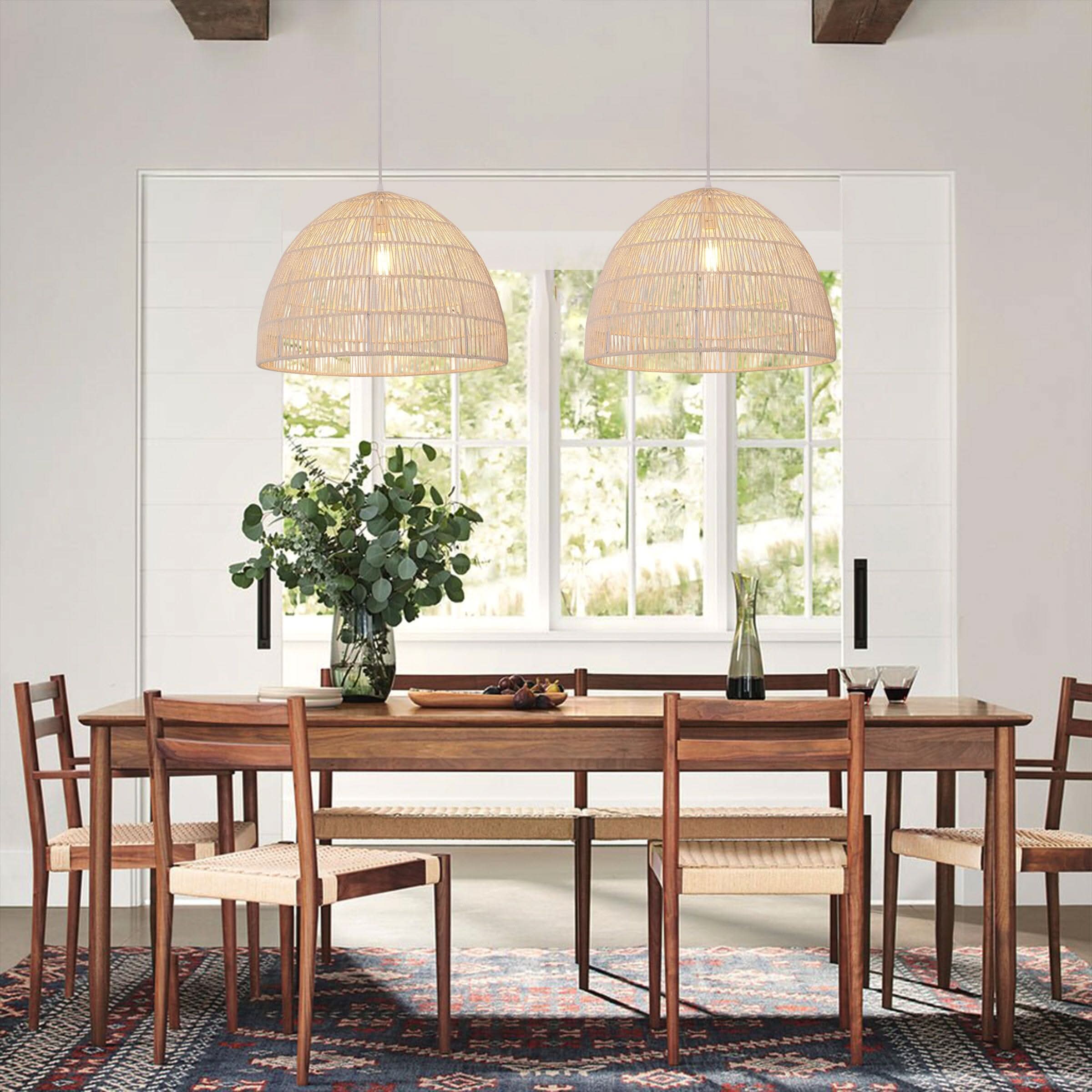 Lightsin Cella-Handwoven Paper Rope Dome Pendant Light – Eco-Friendly Ceiling Pendant Light with Iron Frame for Kitchen Island, Dining Room, or Living Room Lighting