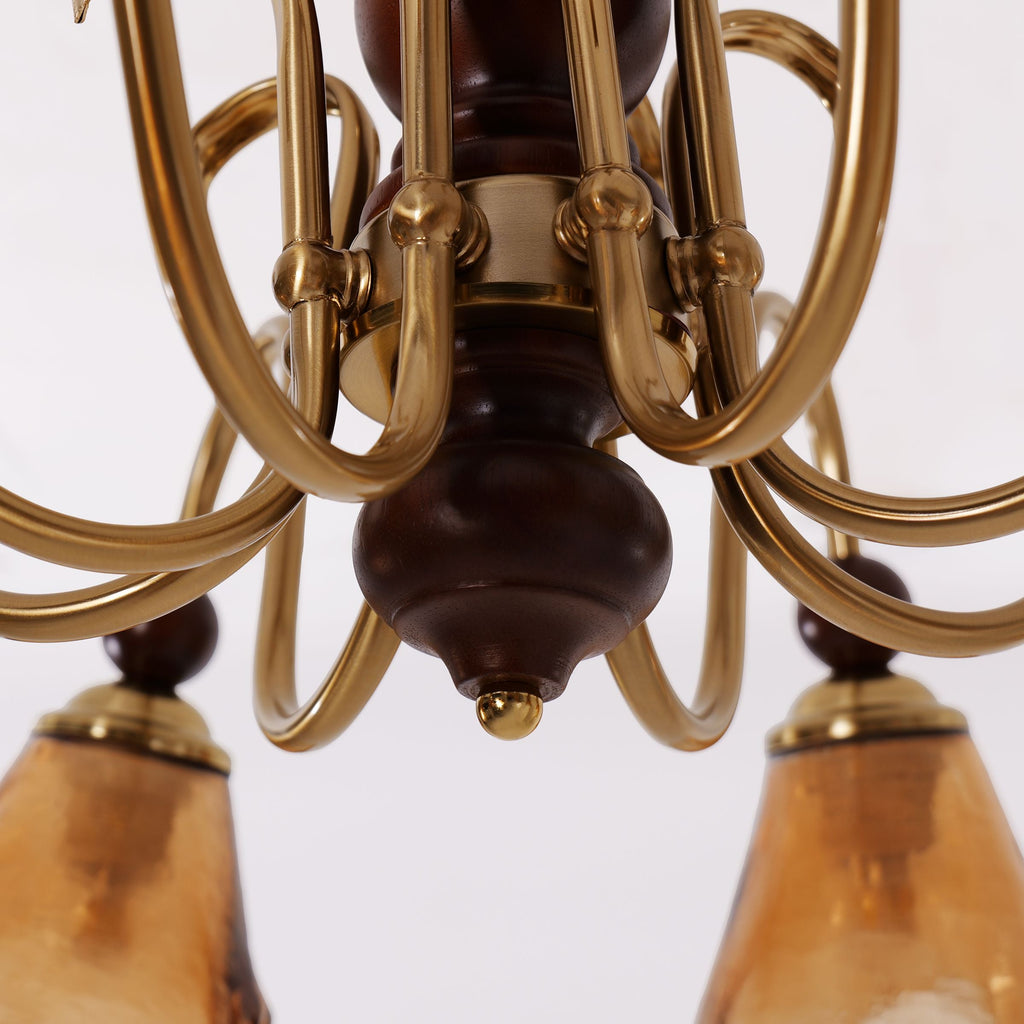 8-Light Walnut Vintage Cut Glass Chandelier | Wood and Iron Ceiling Lamp