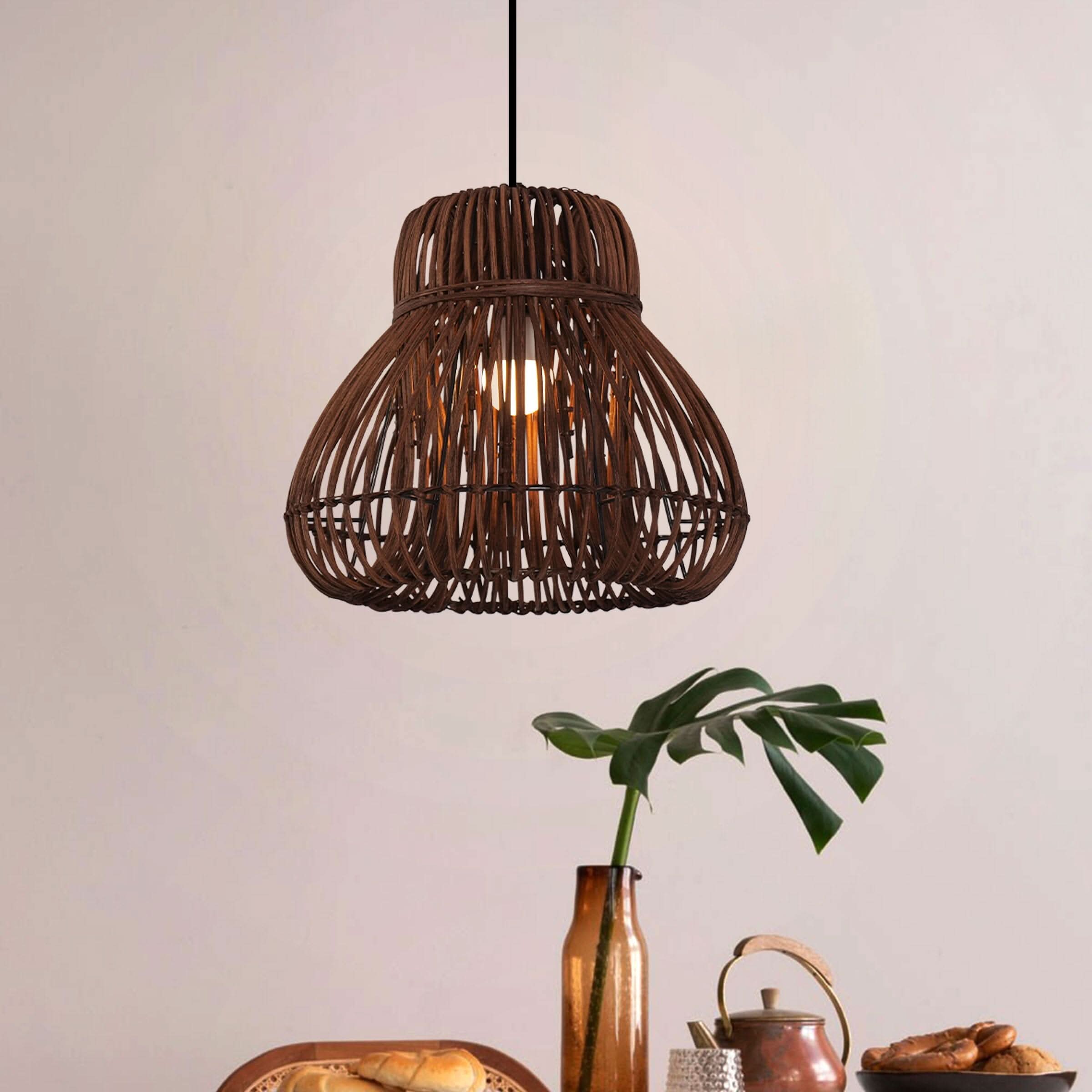 Lightsin Natural Woven Rattan Pendant Light – Handcrafted Rustic Ceiling Light for Dining Rooms, Living Spaces, and Cafés
