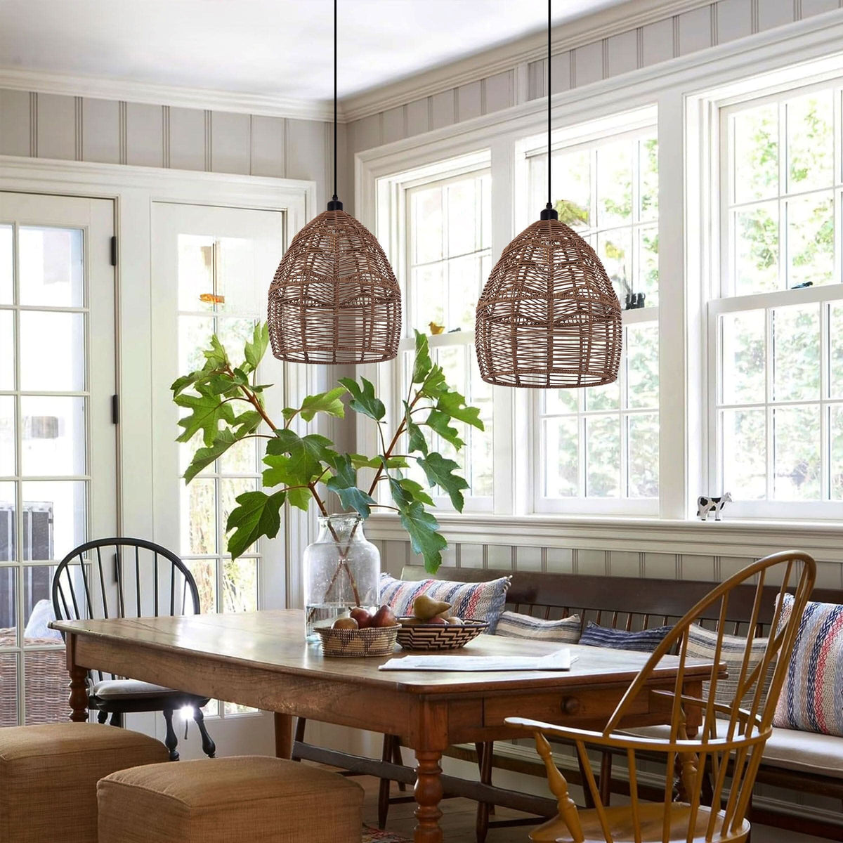 Lightsin Boho Rattan Pendant Light – Handwoven Wicker Ceiling Light Fixture for Living Room, Kitchen, and Bohemian Interiors