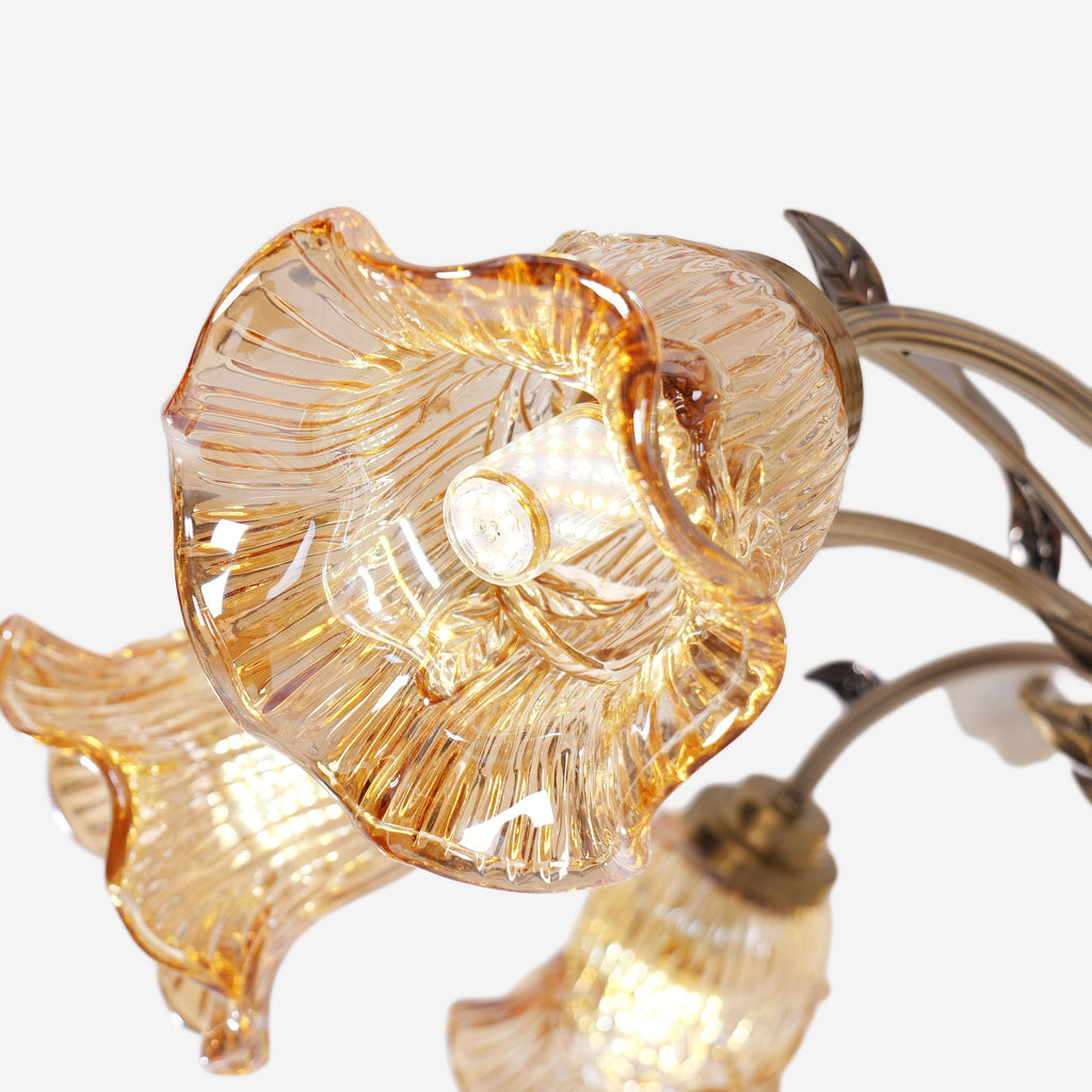 Antique Bronze and Amber Vintage 8-Light Ceramic Flower Pendant Light