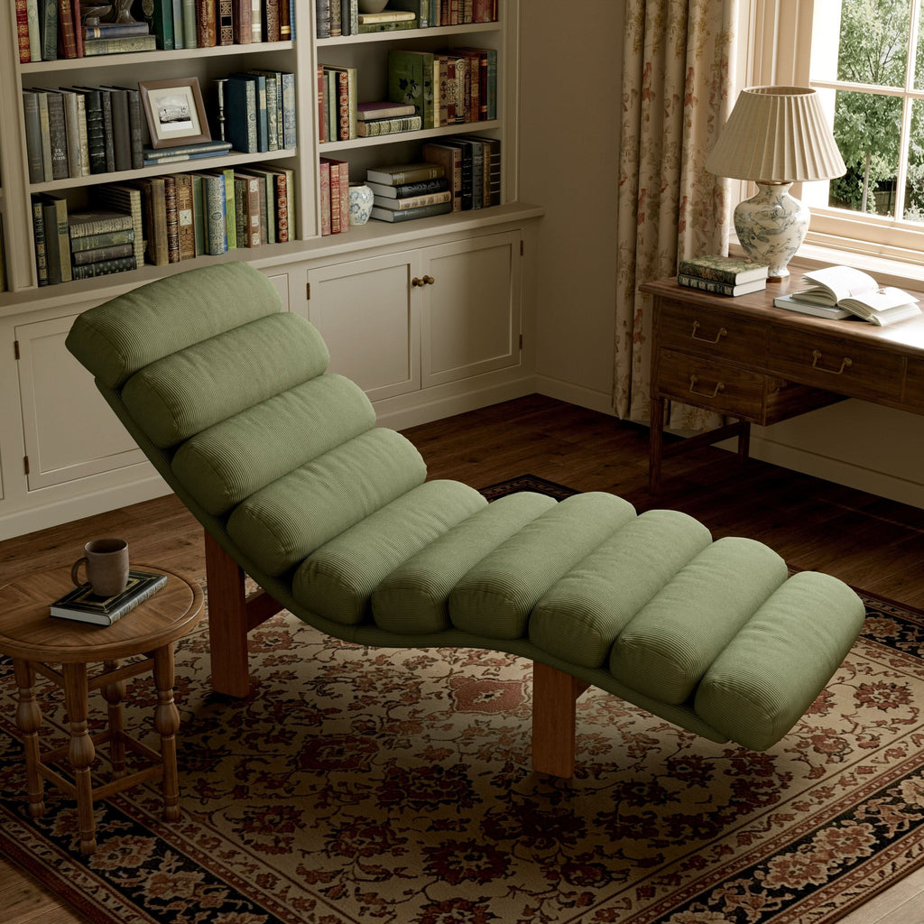 Cottonfy Modern Ergonomic Corduroy Chaise Lounge with Natural Wooden Frame