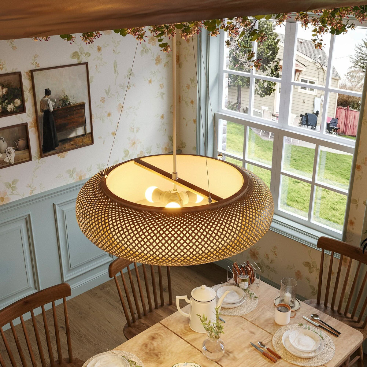 Lightsin Lutta-Handwoven Bamboo Pendant Light for Kitchen Island or Living Room