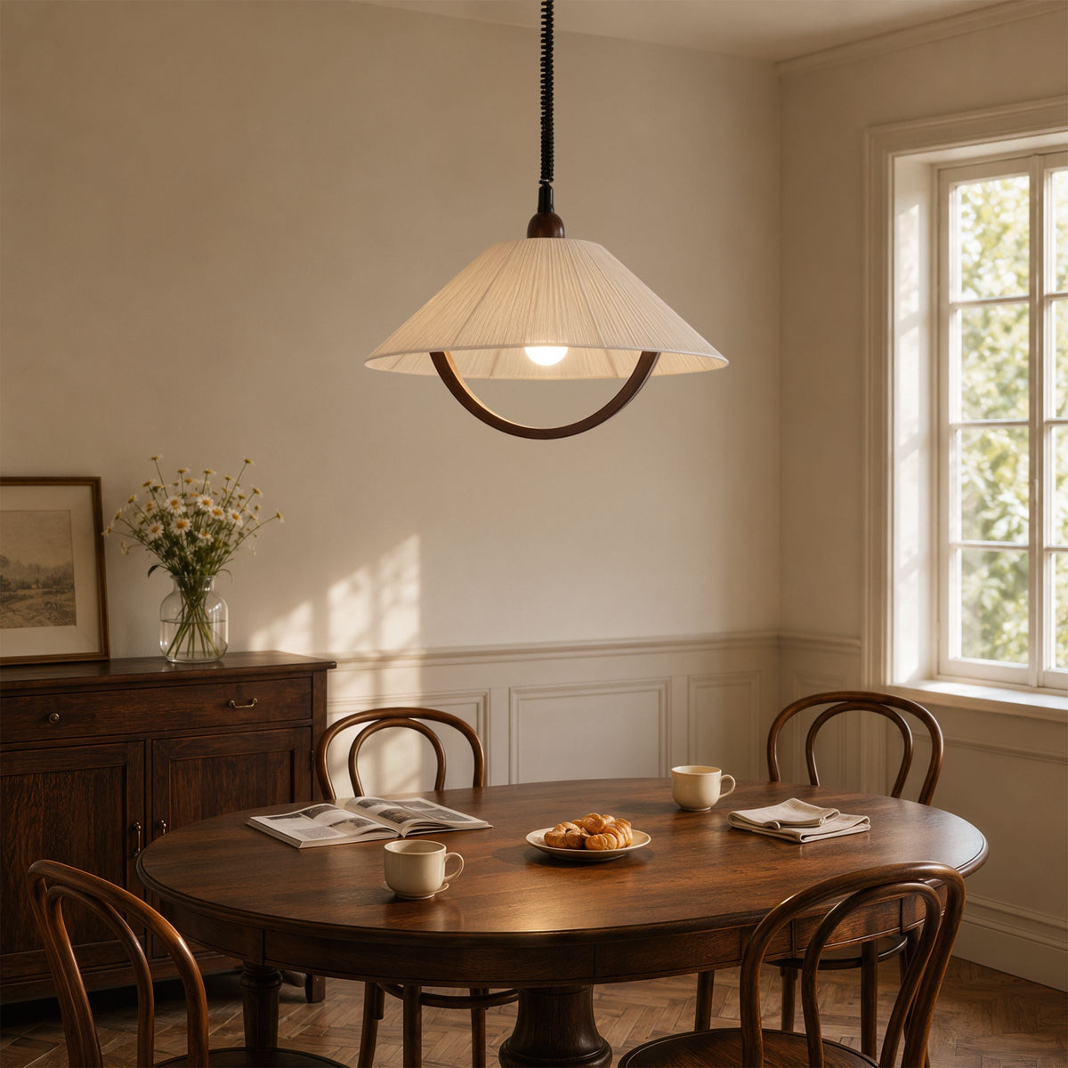 Natural Wood Curved Pendant Light | Cotton Cord Ceiling Lamp
