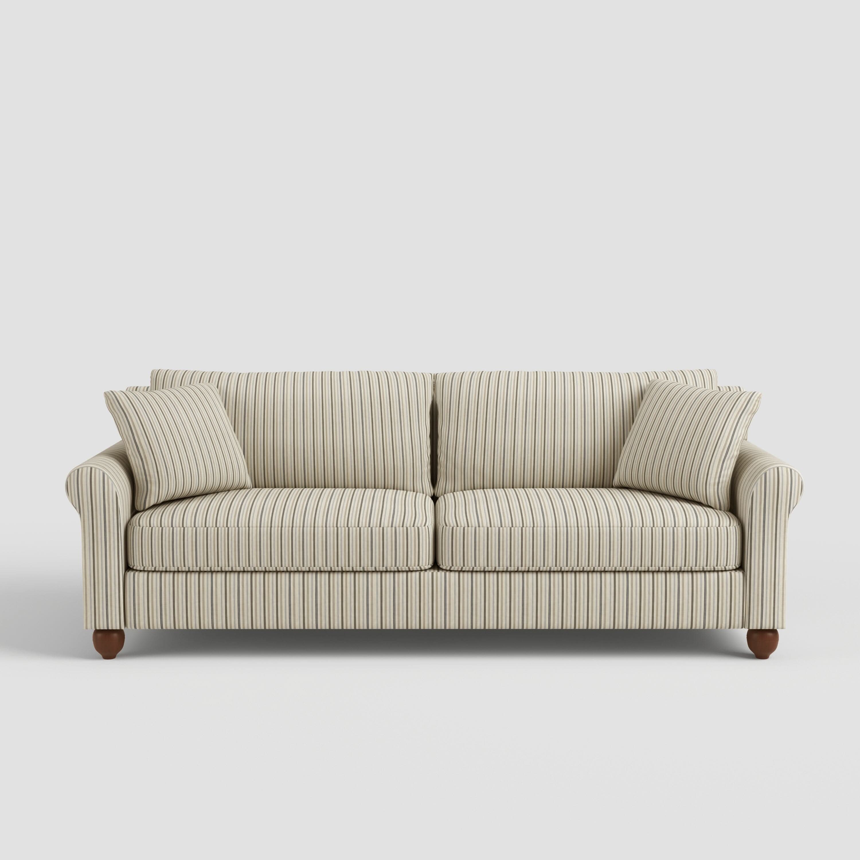 Cottonfy Striped Cotton Linen Blend Rolled Arm Sofa with Soild Wood Bun Feet