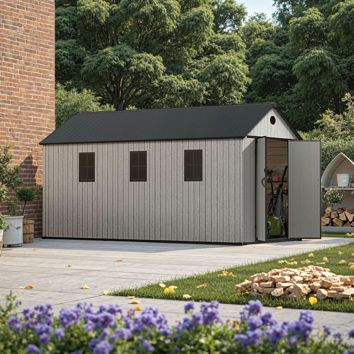 6'x8'ft/8'x8'ft/8'x12'ft/8'x16'ft Gray Wood Grain Plastic Tool Shed