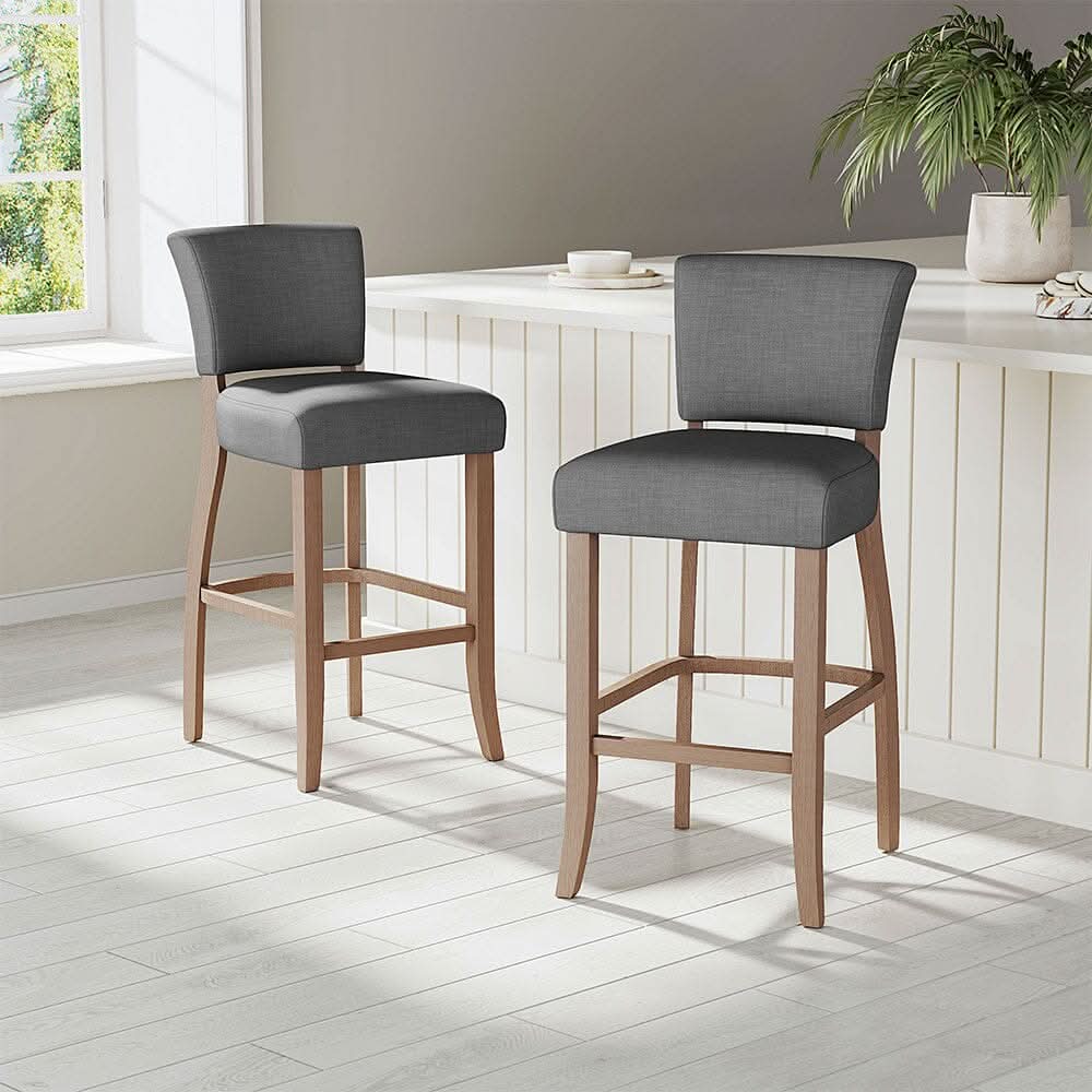 Set of 2 Linen Upholstered Bar Stools with Natural Wood Legs