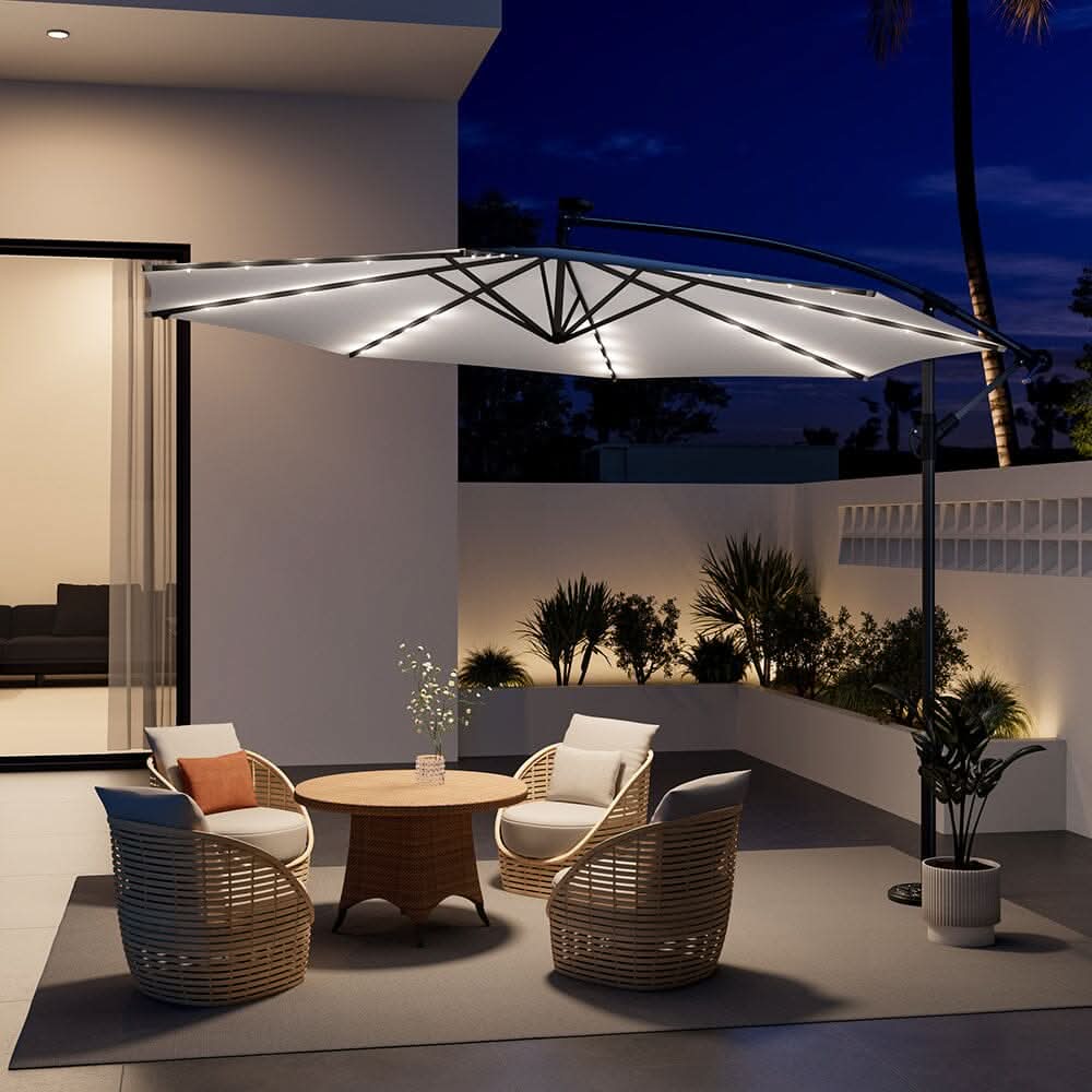 3M Cantilever Garden Parasols Beige/Light Grey/Dark Grey Iron Banana Umbrella with LED Lights