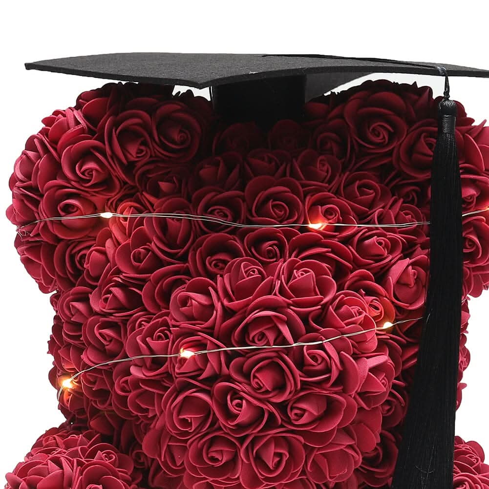 Simulation Foam Forever Rose Teddy Bear Gift Box-Black Tassel Black Hat-Wine Red