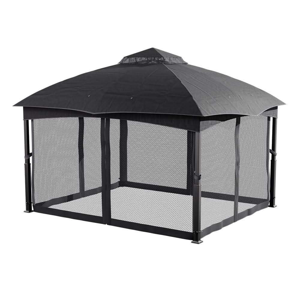 13ft Metal Pergola Refined Deep Gray with Enclosed Mesh Drapes