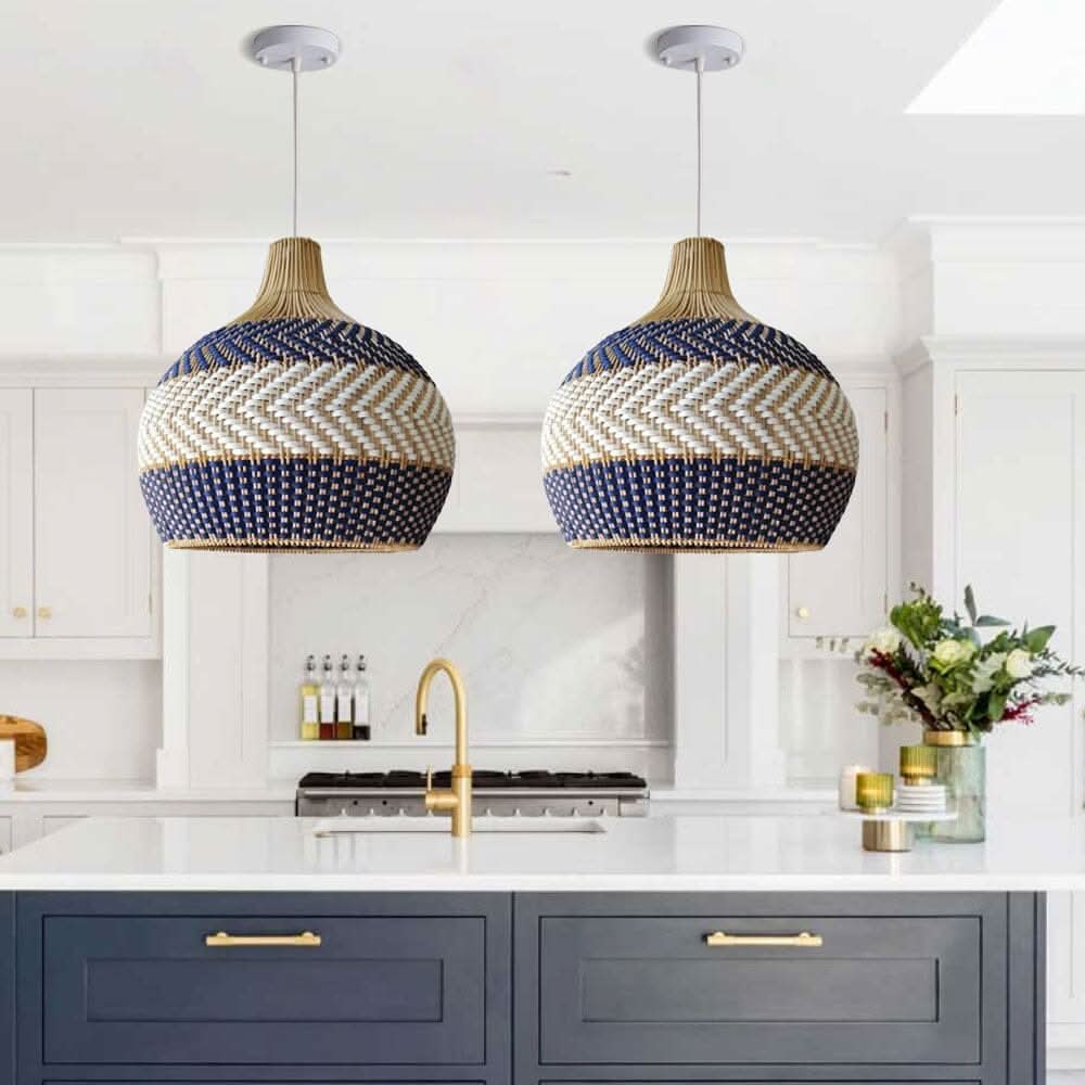 Lightsin Handwoven Blue and White Rattan Pendant Light