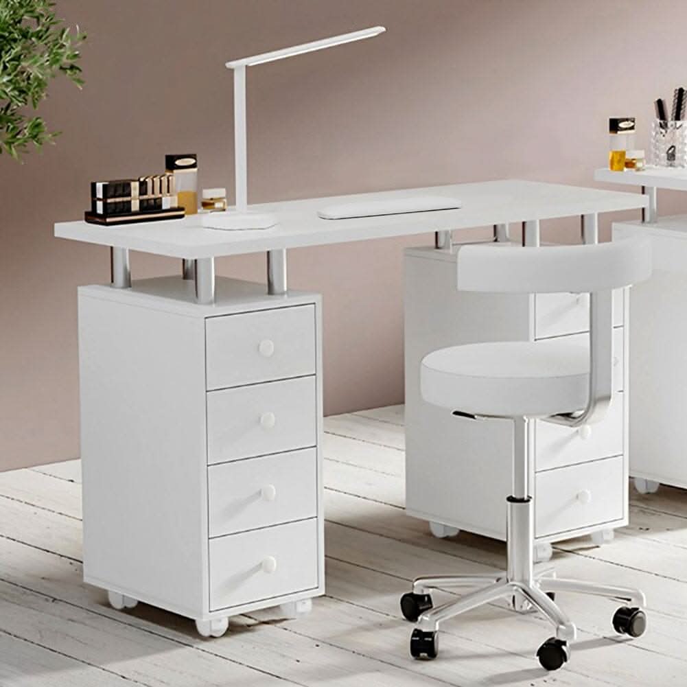 120cm W White Professional Manicure Table on Wheels with 8 Drawer