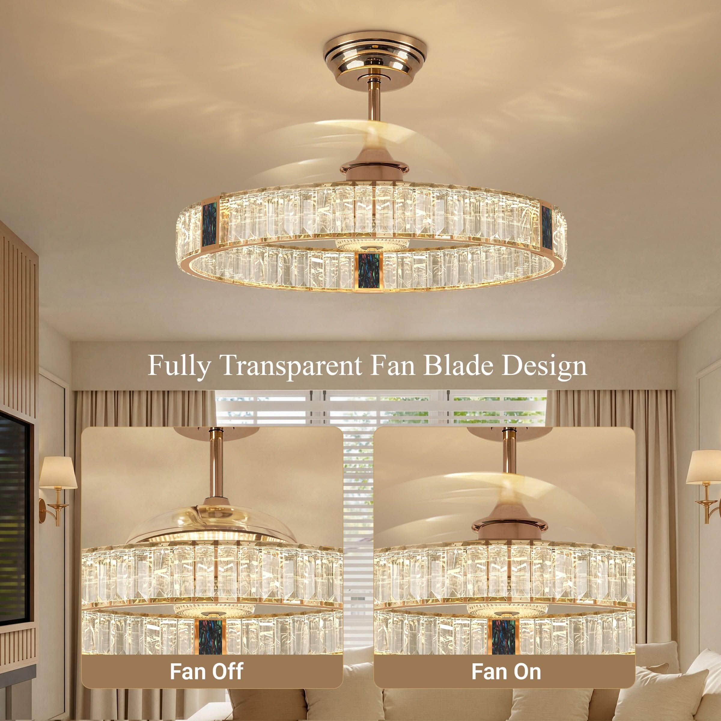 Lightsin 60cm Gold Crystal Ceiling Fan with LED Light, Remote Control & 6 Speeds