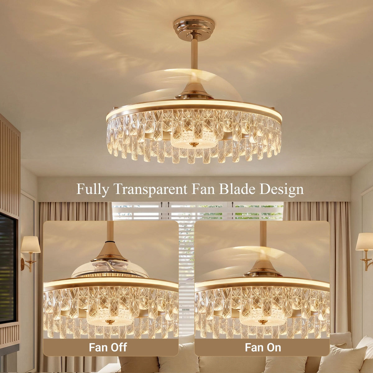 Lightsin 60cm Modern Gold Crystal Ceiling Fan with Light