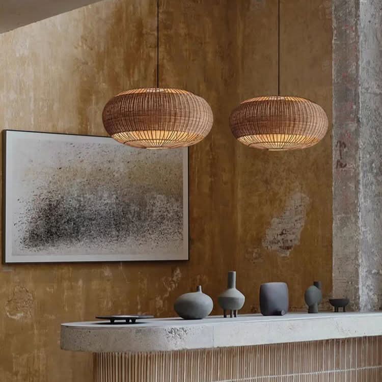 Lightsin Handcrafted Rattan Pendant Light in Flat Round Basket Shape
