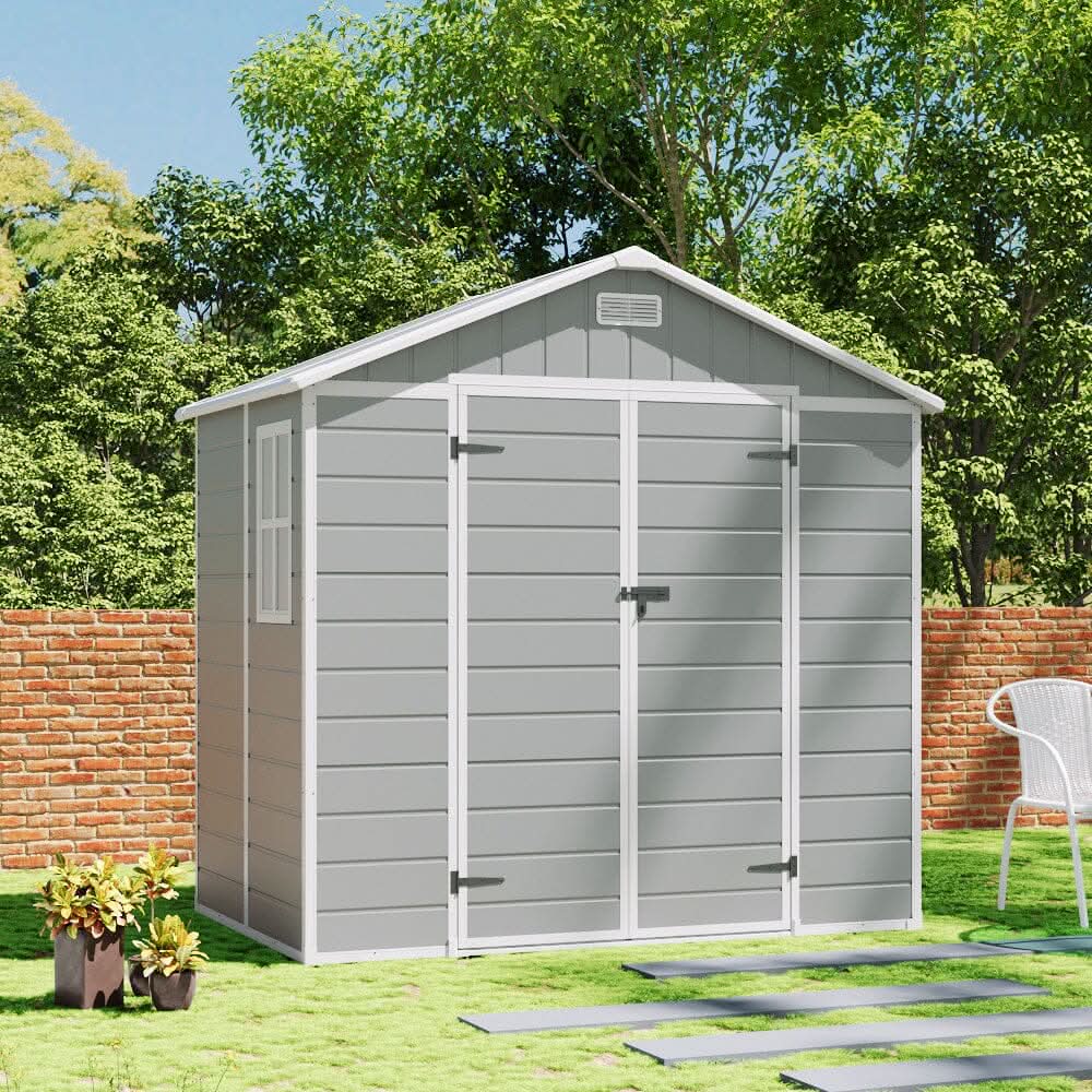 8x4/6x6ft PP Outdoor Apex/Flat Roof Garden Storage Shed with Window and Vent