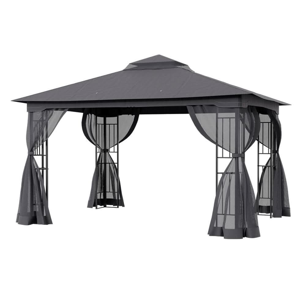 13ft Outdoor Pergola Premium Iron with Sheer Charcoal Gray Screens
