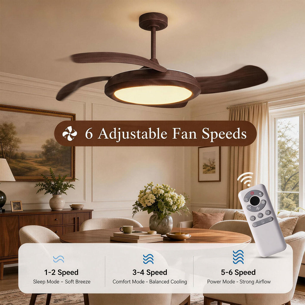 Lightsin Walnut Effect LED Ceiling Fan Light with Remote for Living Room & Bedroom