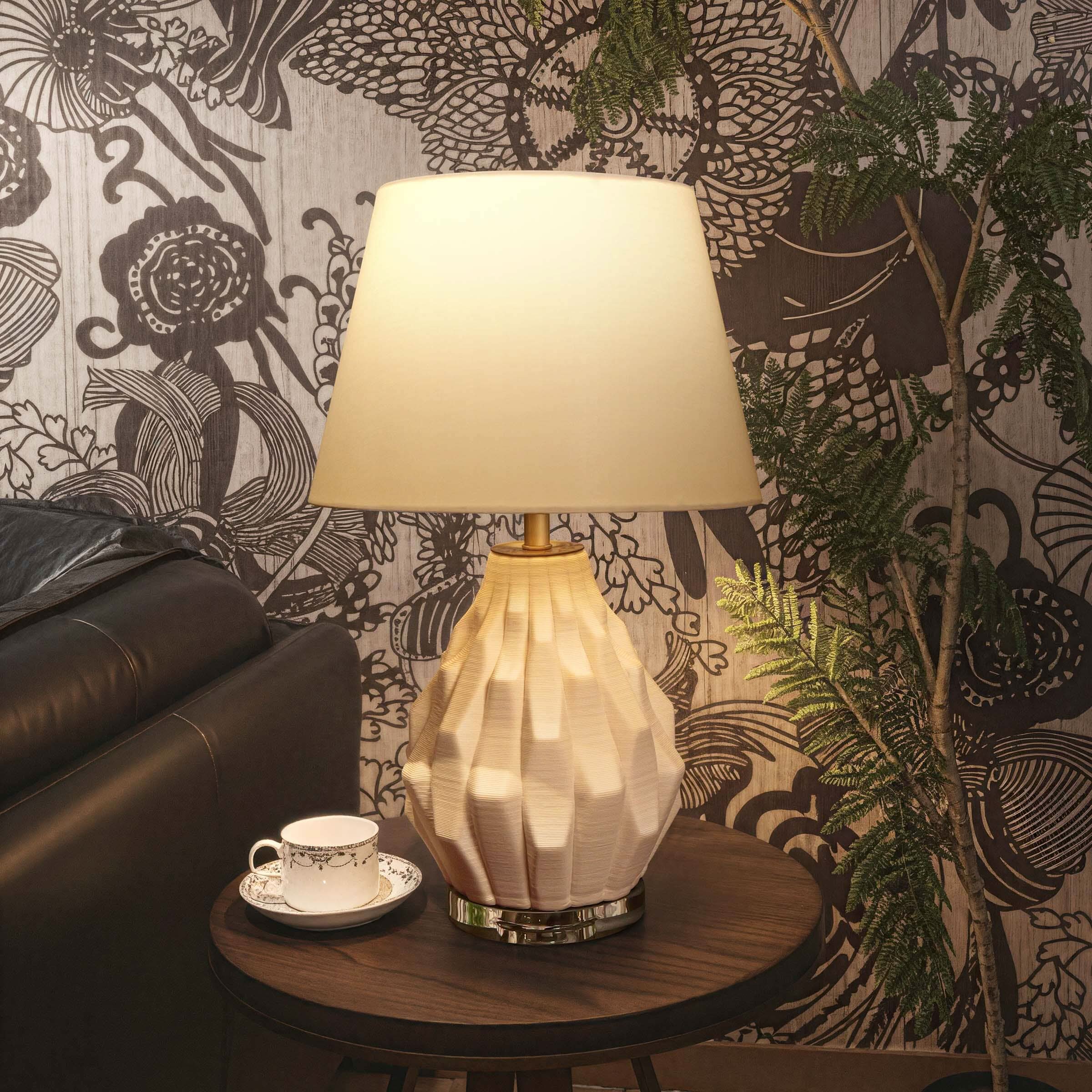 ‍Lightsin 3D Pure White Polygonal Textured Ceramic Table Lamp with Fabric Shade (100% off)