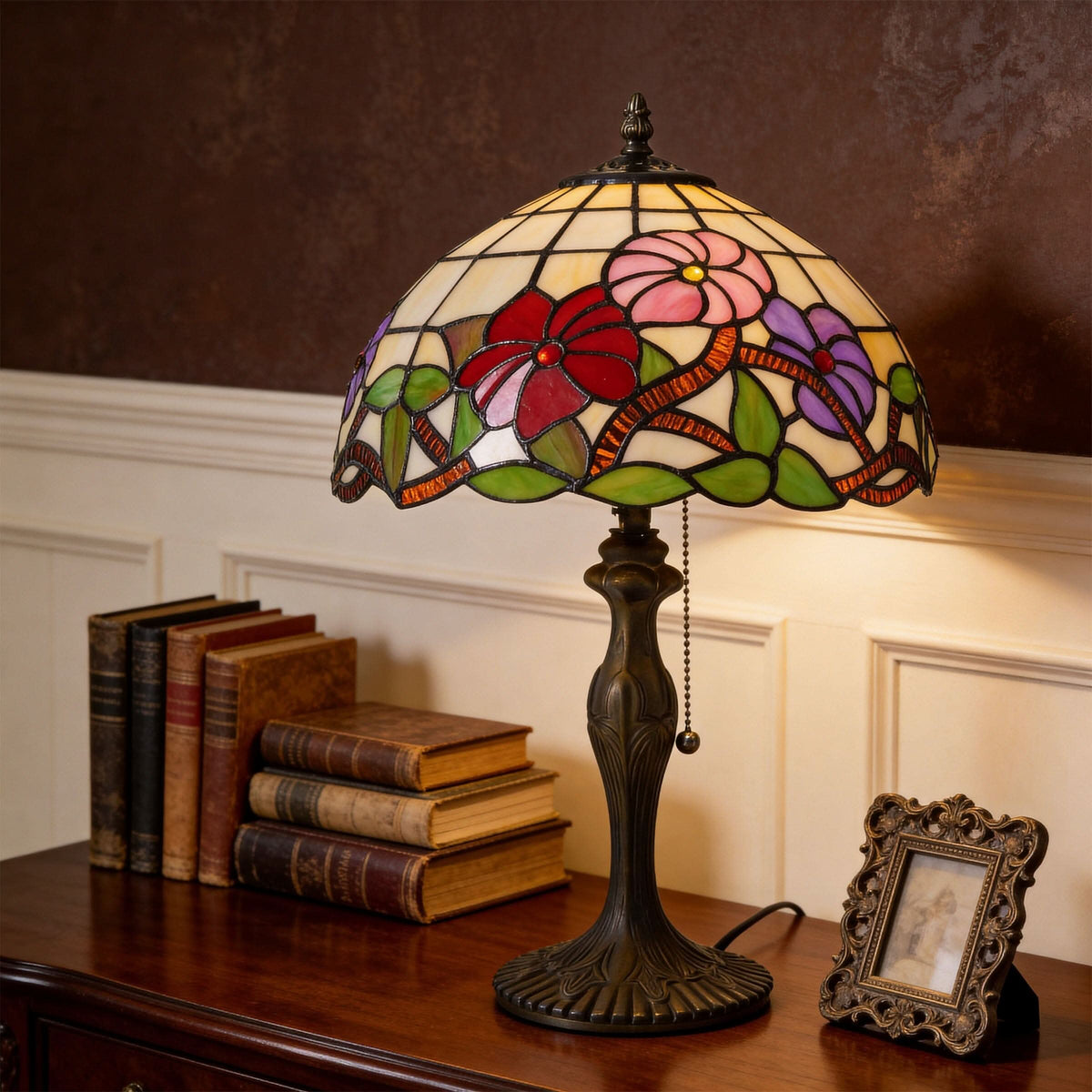 Lightsin Tiffany Table Lamp | Handcrafted Stained Glass Floral Petals Series Red, Pink and Purple