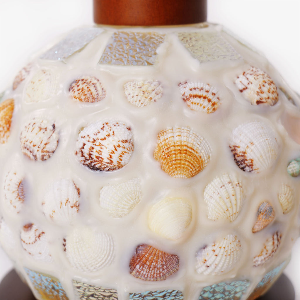 Mosaic Seashell Table Lamp - Coastal Glass & Wood Bedside Light