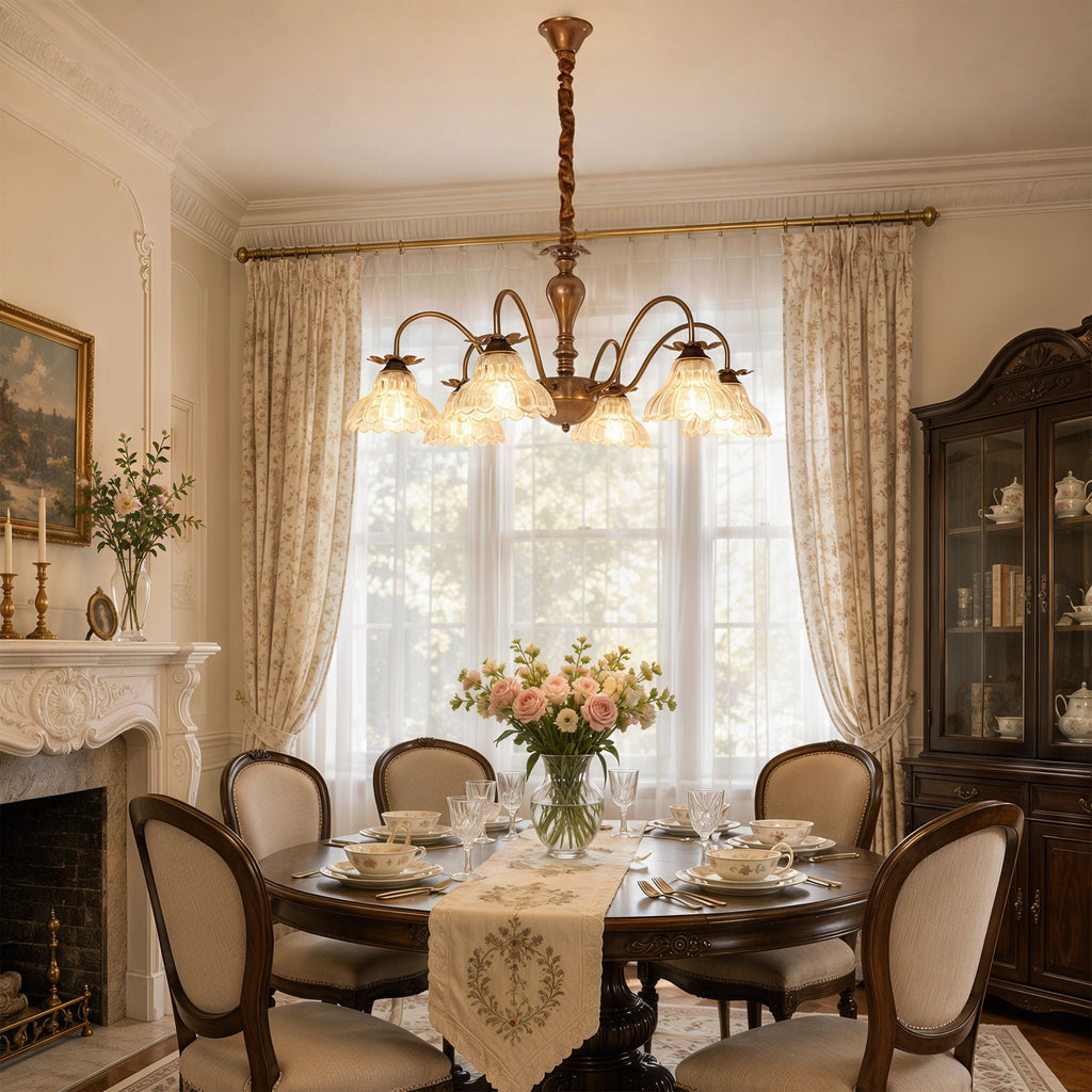 6-Light Gold Vintage Floral Glass Chandelier | E14 Ceiling Lamp