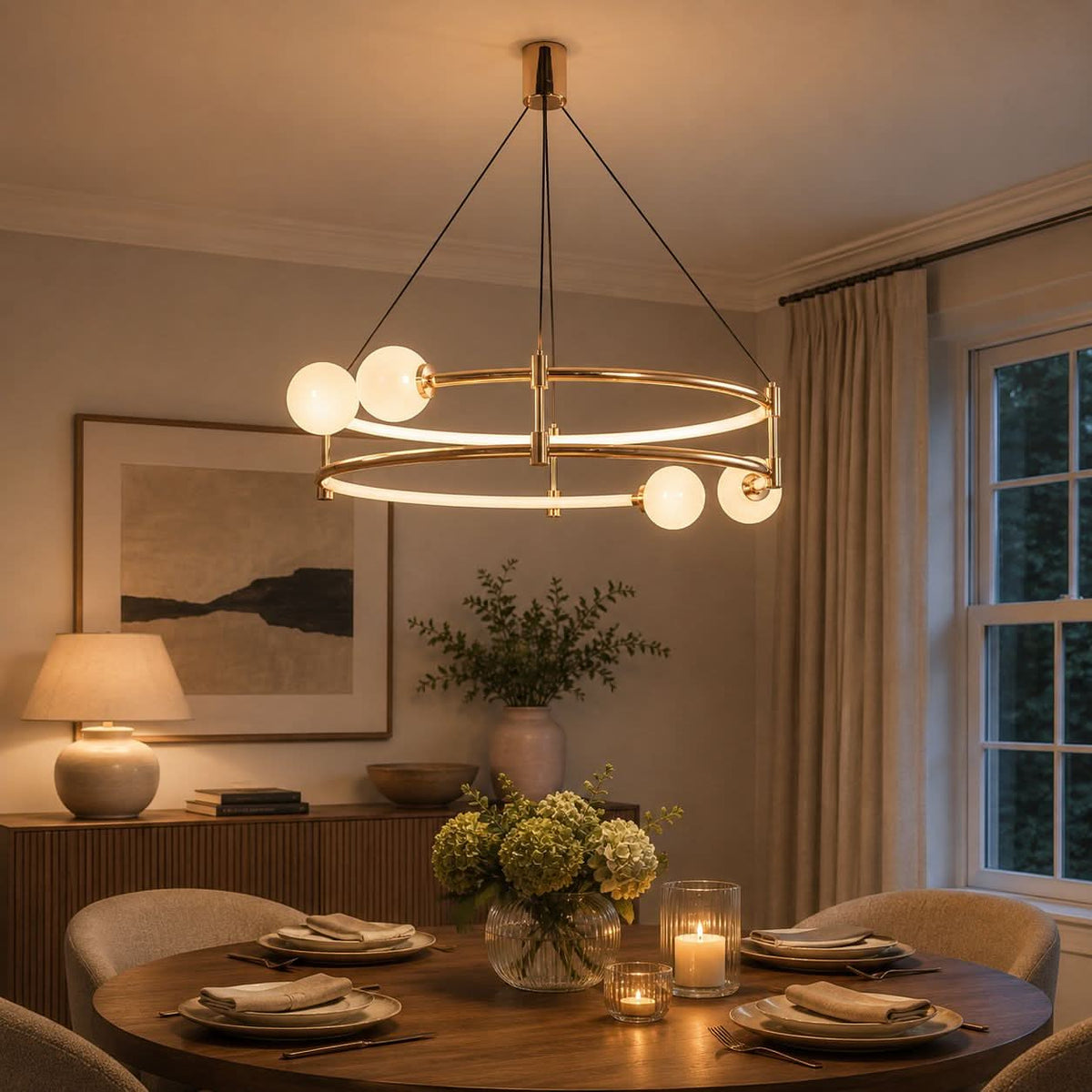 Lightsin Elegant Gold Double-Ring Halo Chandelier with Tri-Color LED Lighting