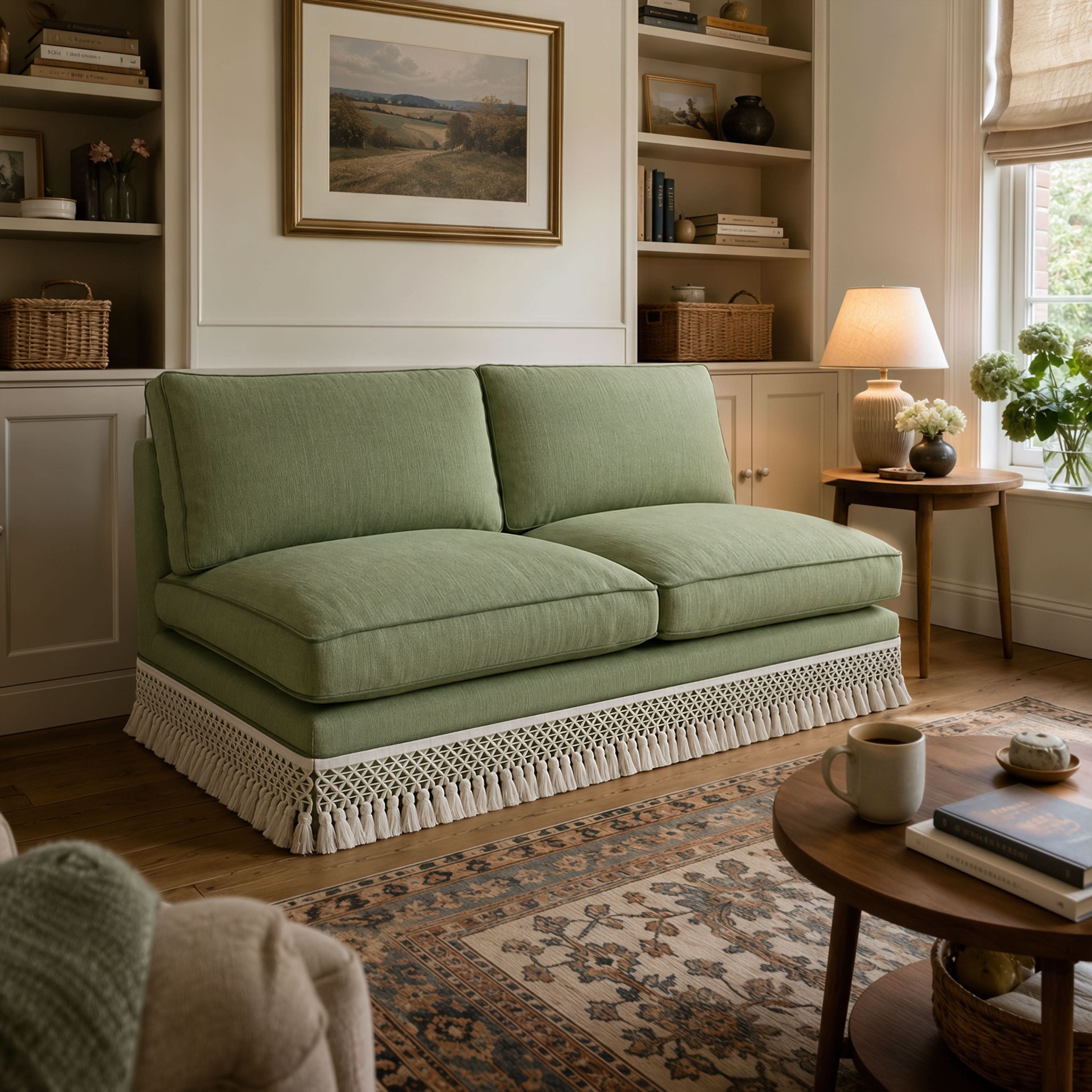 Armless Sofa with Fringed Trim and Removable Covers