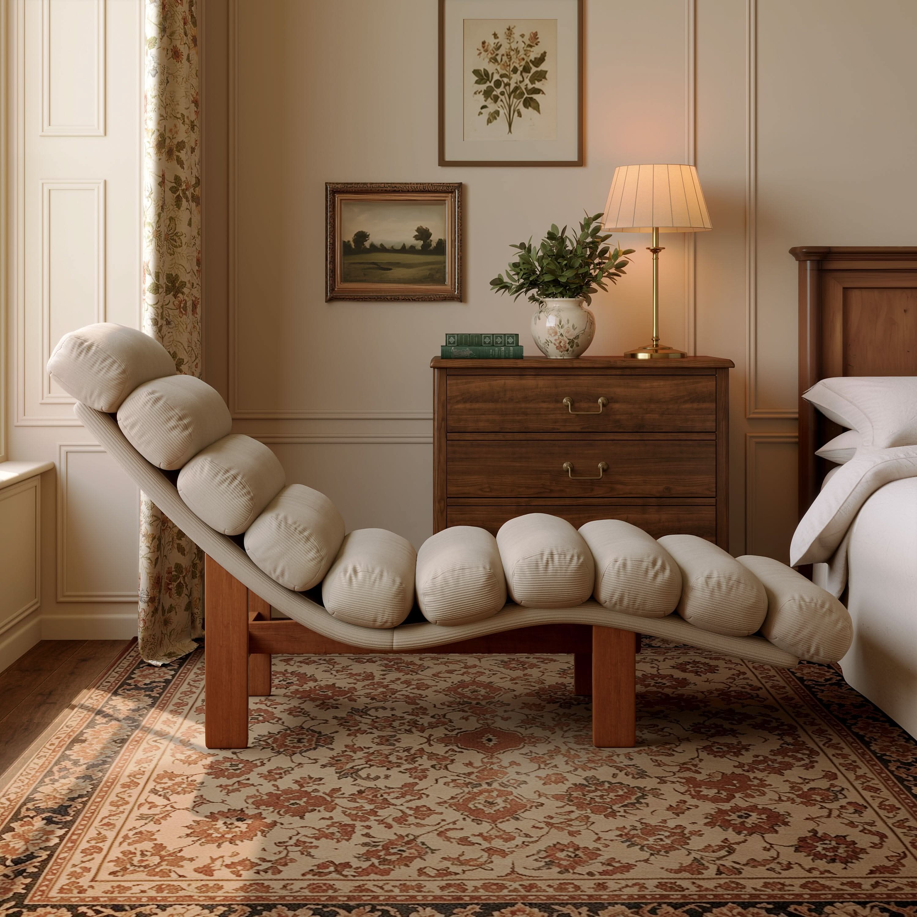 Cottonfy Modern Ergonomic Corduroy Chaise Lounge with Natural Wooden Frame