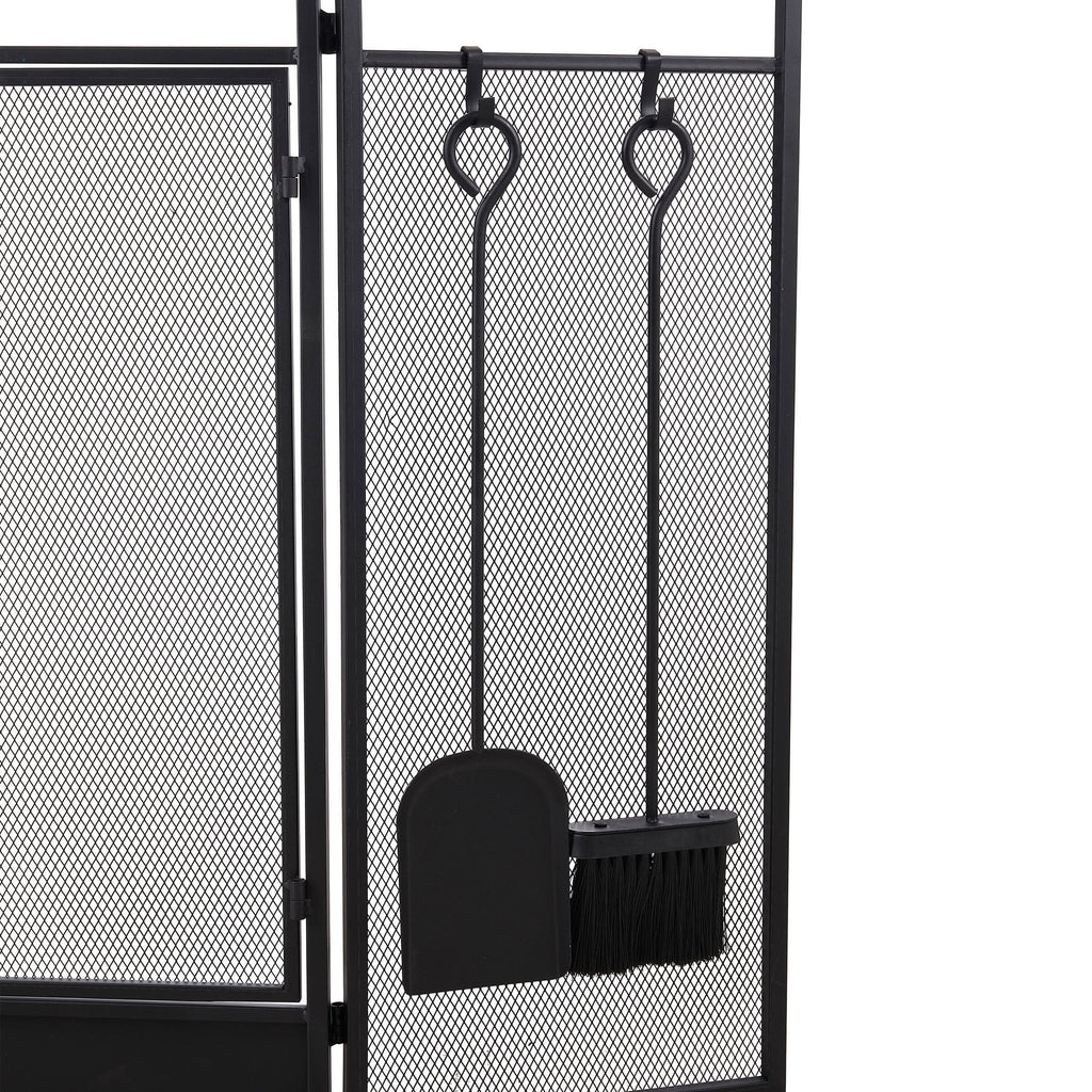 Smallbee Iron Fireplace Screen with 4-Piece Tool Set - Black Powder-Coated 122x1.3x80cm