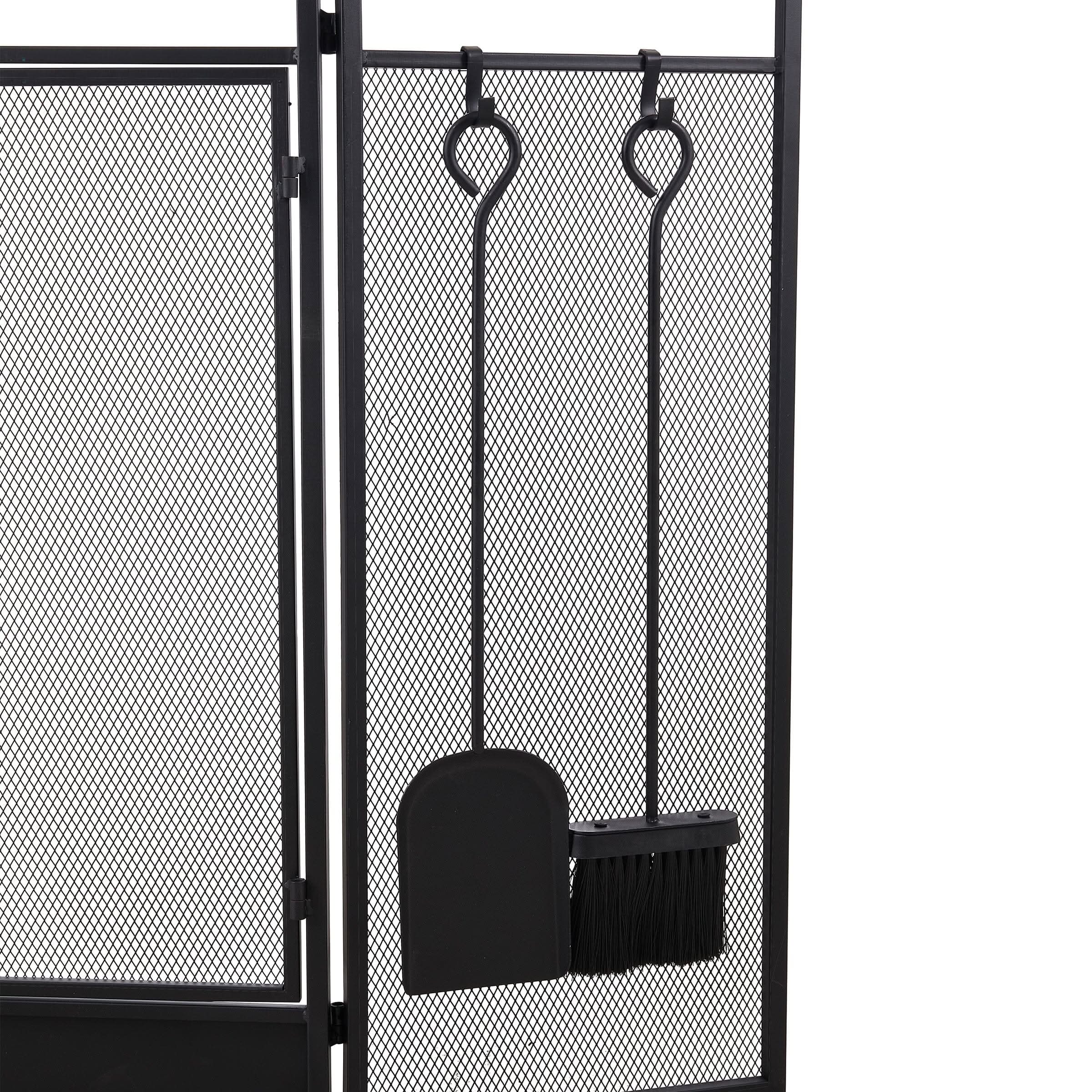 Smallbee Iron Fireplace Screen with 4-Piece Tool Set - Black Powder-Coated 122x1.3x80cm